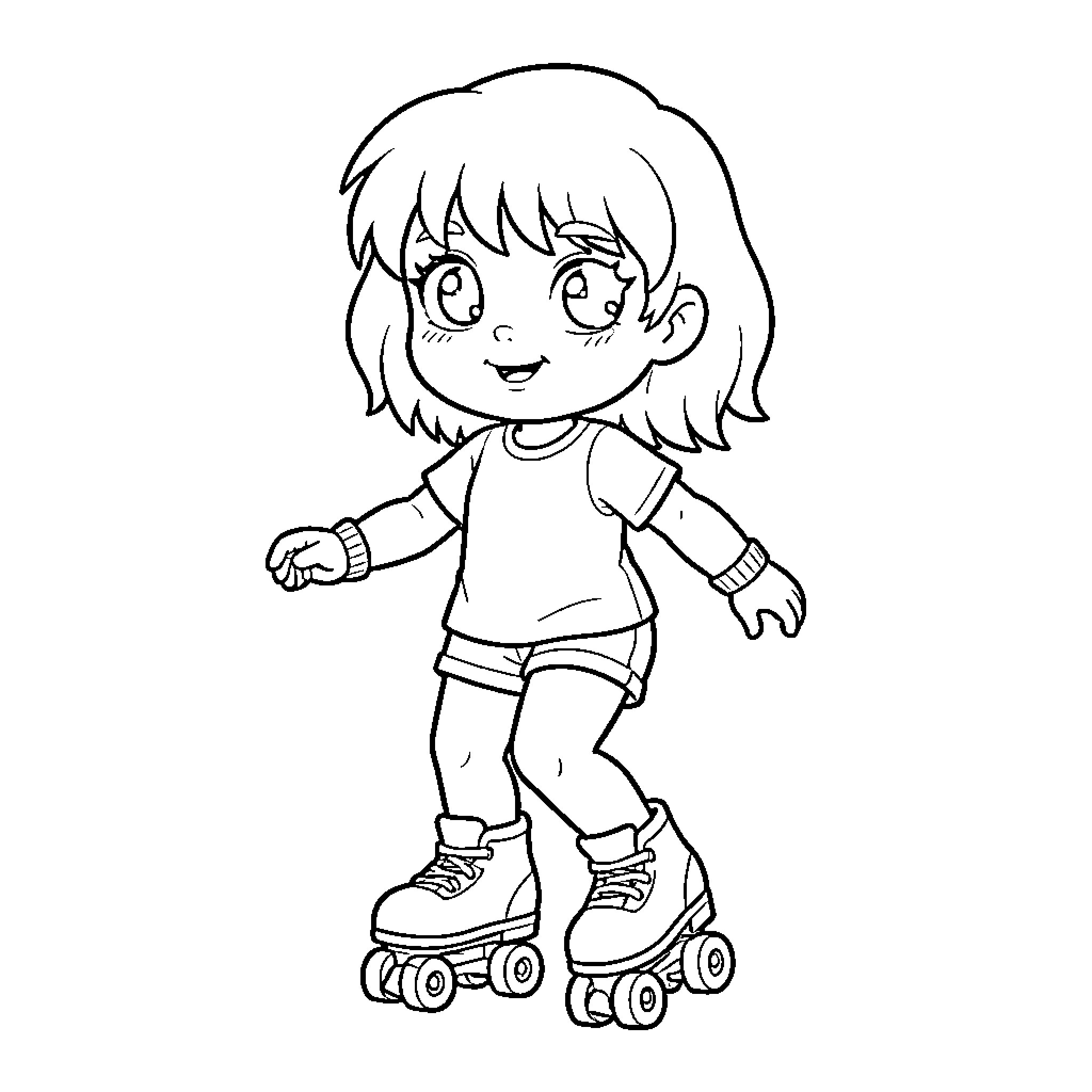 Doll wearing roller skates and smiling happily Coloring Page (free black-and-white line drawing printable PDF for all, from beginners to advanced learners, including children, teens, adults, and seniors)