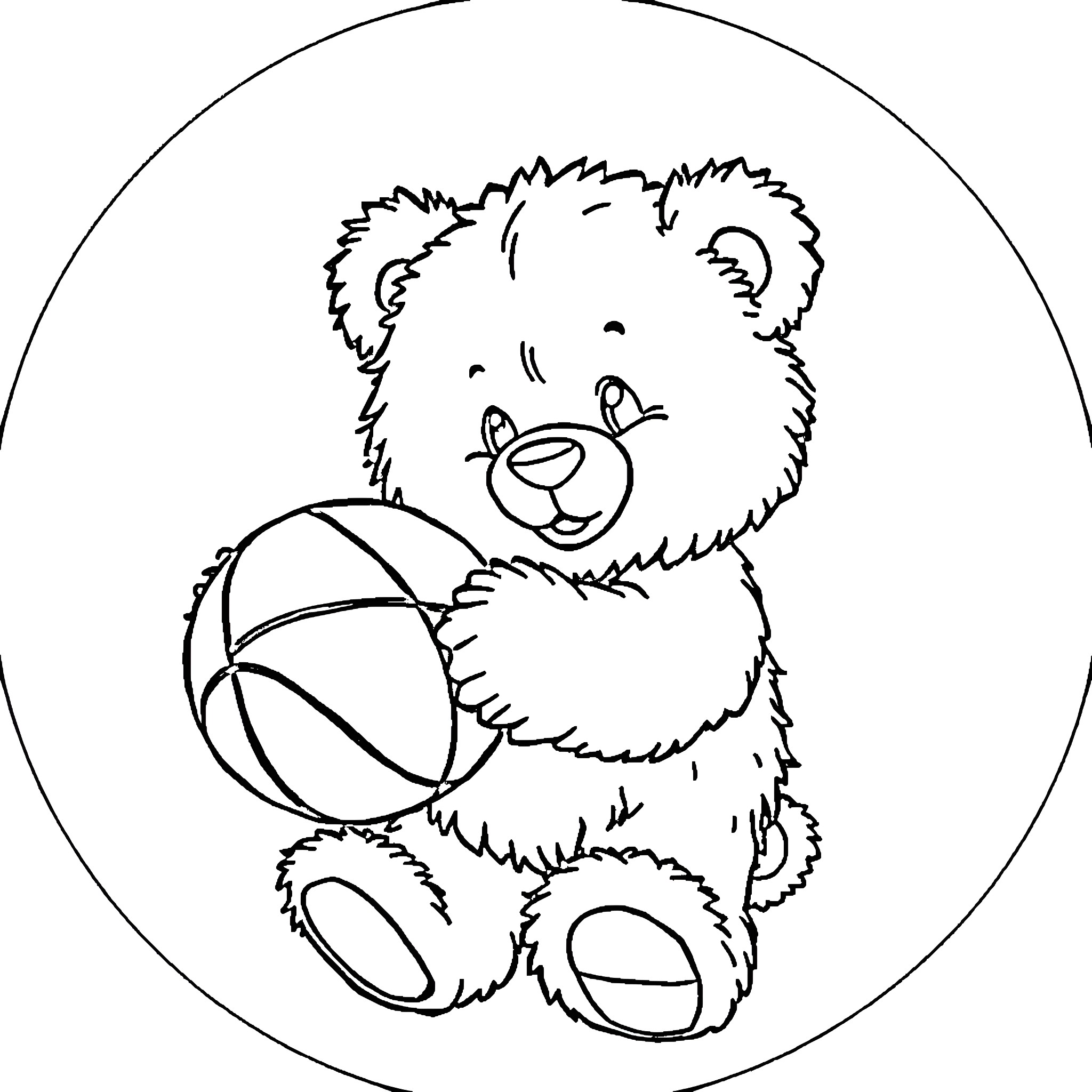 Teddy Bear Playing with a Basketball Coloring Page (free black-and-white line drawing printable PDF for all, from beginners to advanced learners, including children, teens, adults, and seniors)
