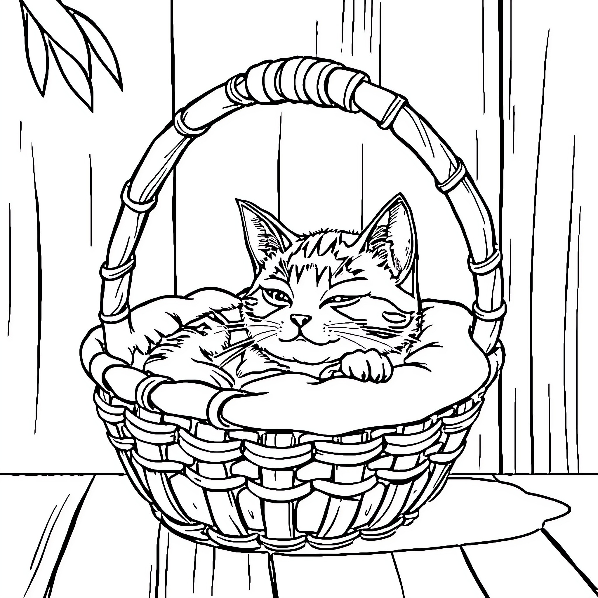 Cat resting cozily in a woven basket Coloring Page (free black-and-white line drawing printable PDF for all, from beginners to advanced learners, including children, teens, adults, and seniors)