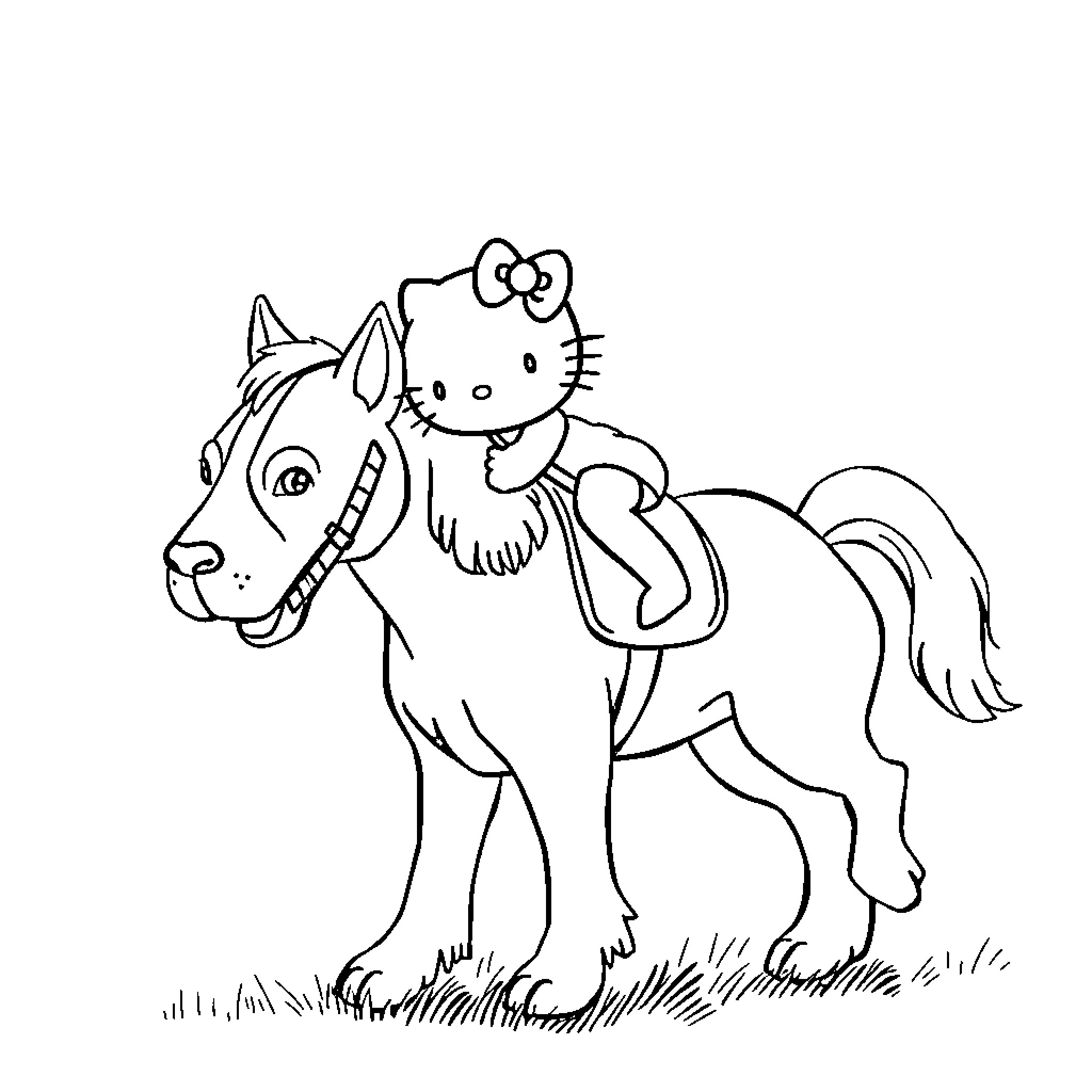 Hello Kitty riding a friendly horse Coloring Page (free black-and-white line drawing printable PDF for all, from beginners to advanced learners, including children, teens, adults, and seniors)