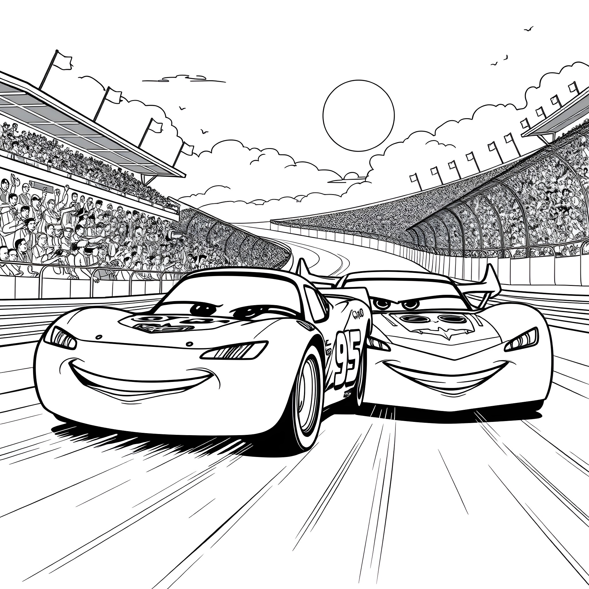 Lightning McQueen racing with his rival on the racetrack Coloring Page (free black-and-white line drawing printable PDF for all, from beginners to advanced learners, including children, teens, adults, and seniors)