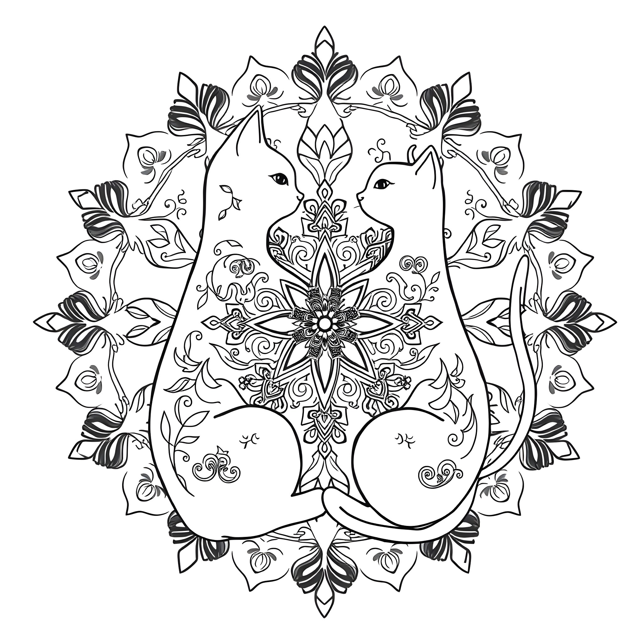 Cat-like symmetric floral mandala design Coloring Page (free black-and-white line drawing printable PDF for all, from beginners to advanced learners, including children, teens, adults, and seniors)