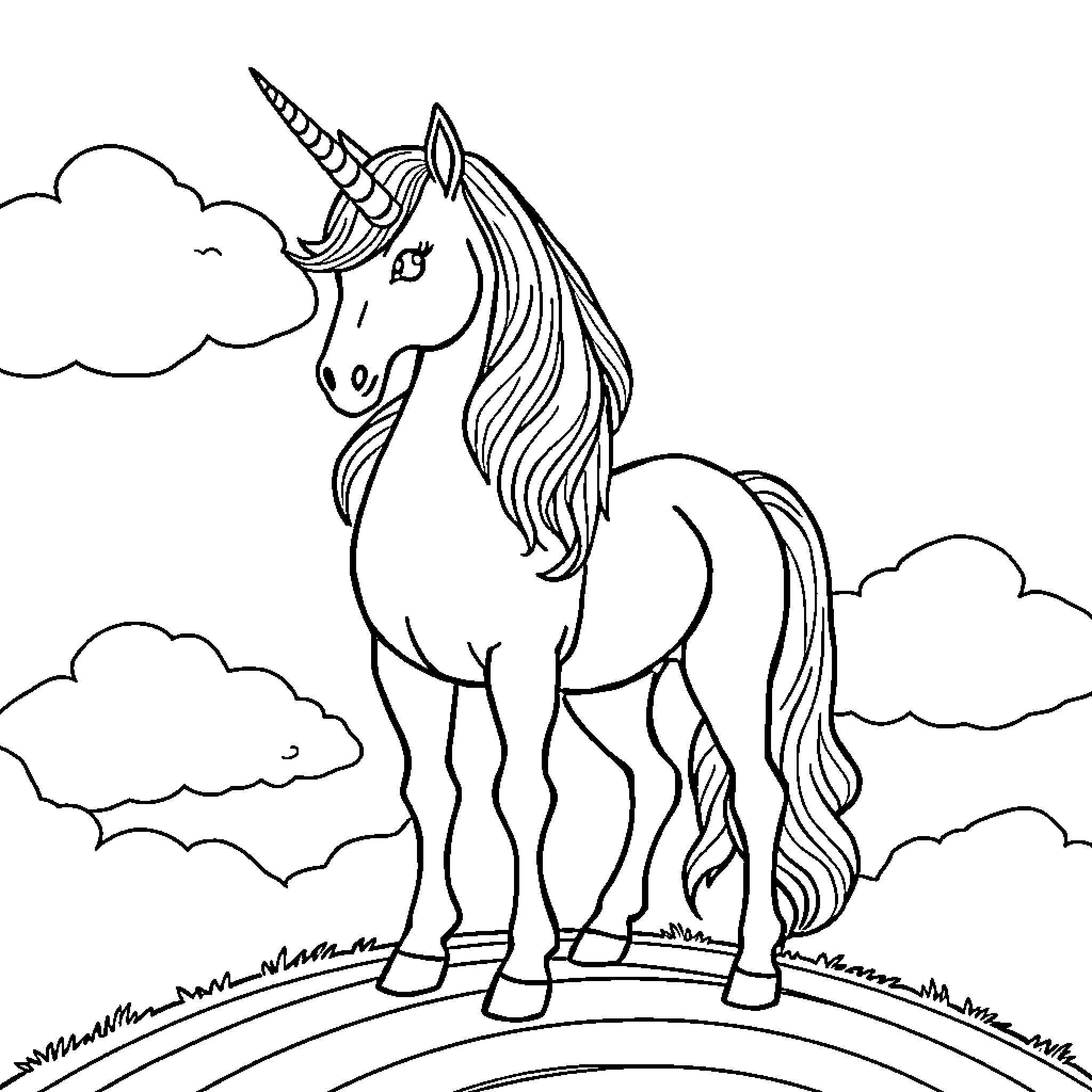 Unicorn gazing at the enchanting clouds Coloring Page (free black-and-white line drawing printable PDF for all, from beginners to advanced learners, including children, teens, adults, and seniors)