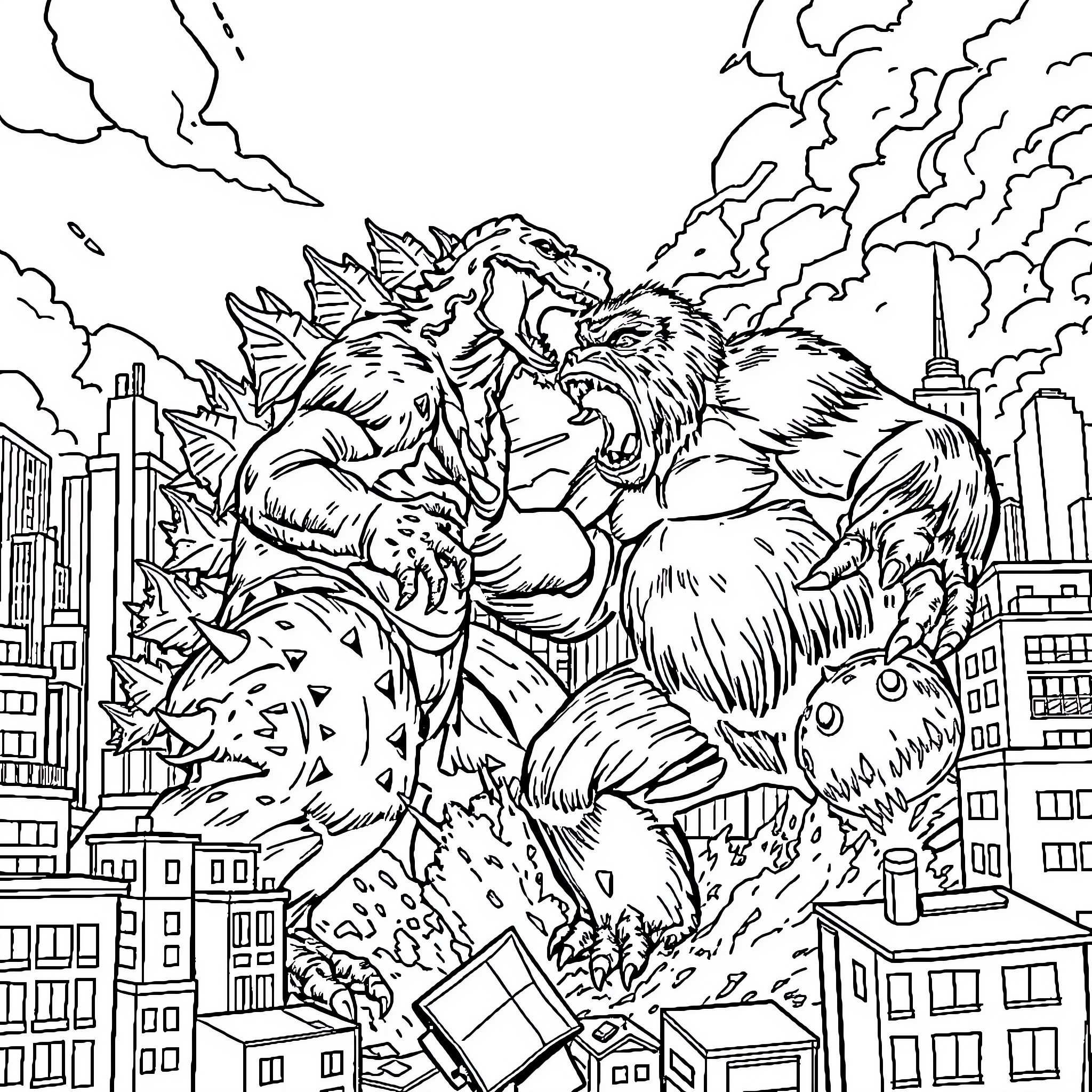 Godzilla unleashing destruction in the cityscape Coloring Page (free black-and-white line drawing printable PDF for all, from beginners to advanced learners, including children, teens, adults, and seniors)
