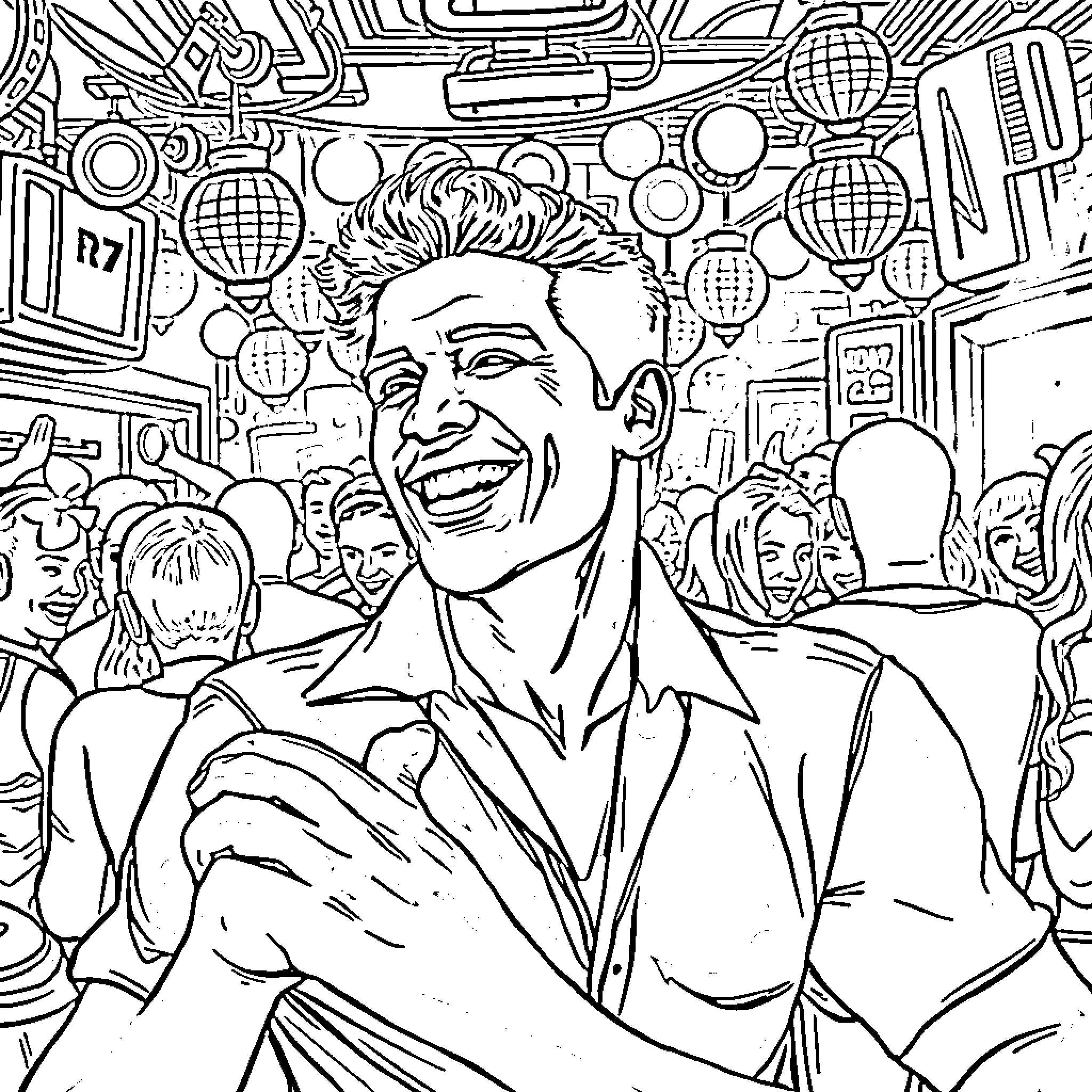 Cr7 smiling amidst a vibrant crowd Coloring Page (free black-and-white line drawing printable PDF for all, from beginners to advanced learners, including children, teens, adults, and seniors)
