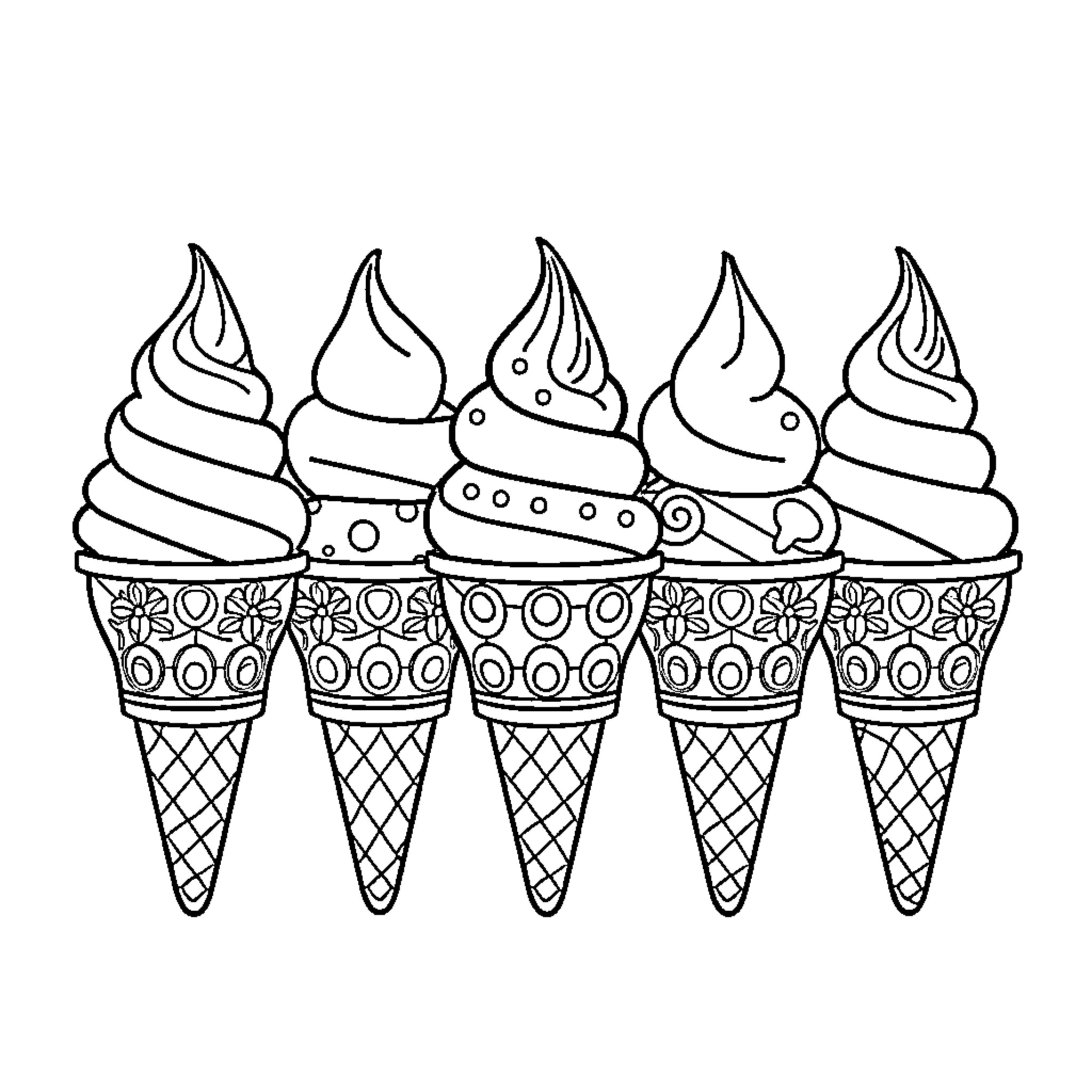 Ice Cream Cone Decorations in Rows Coloring Page (free black-and-white line drawing printable PDF for all, from beginners to advanced learners, including children, teens, adults, and seniors)