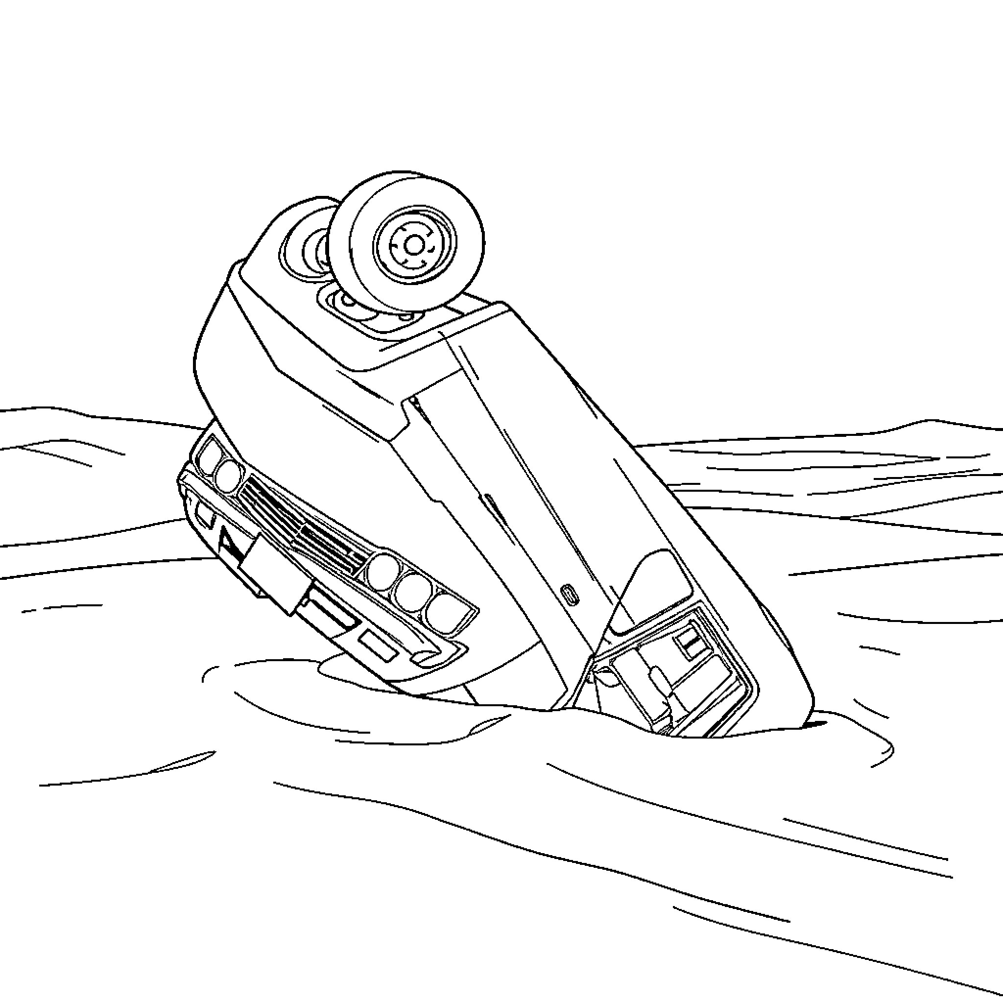 Toyota Estima overturned on a desert road Coloring Page (free black-and-white line drawing printable PDF for all, from beginners to advanced learners, including children, teens, adults, and seniors)