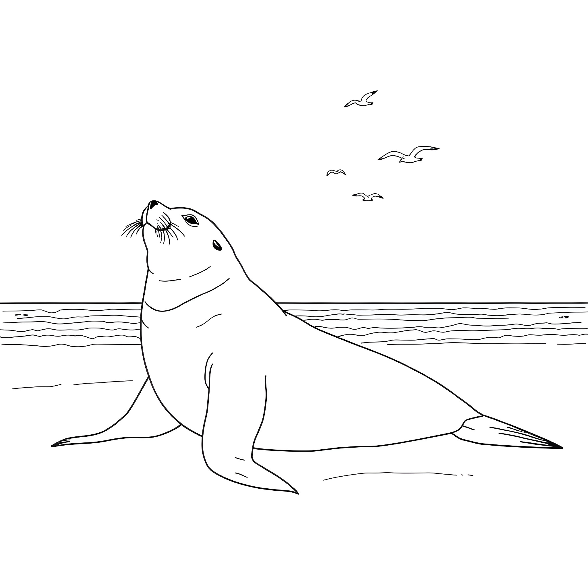 Sea Lion relaxing on the beach with seagulls Coloring Page (free black-and-white line drawing printable PDF for all, from beginners to advanced learners, including children, teens, adults, and seniors)