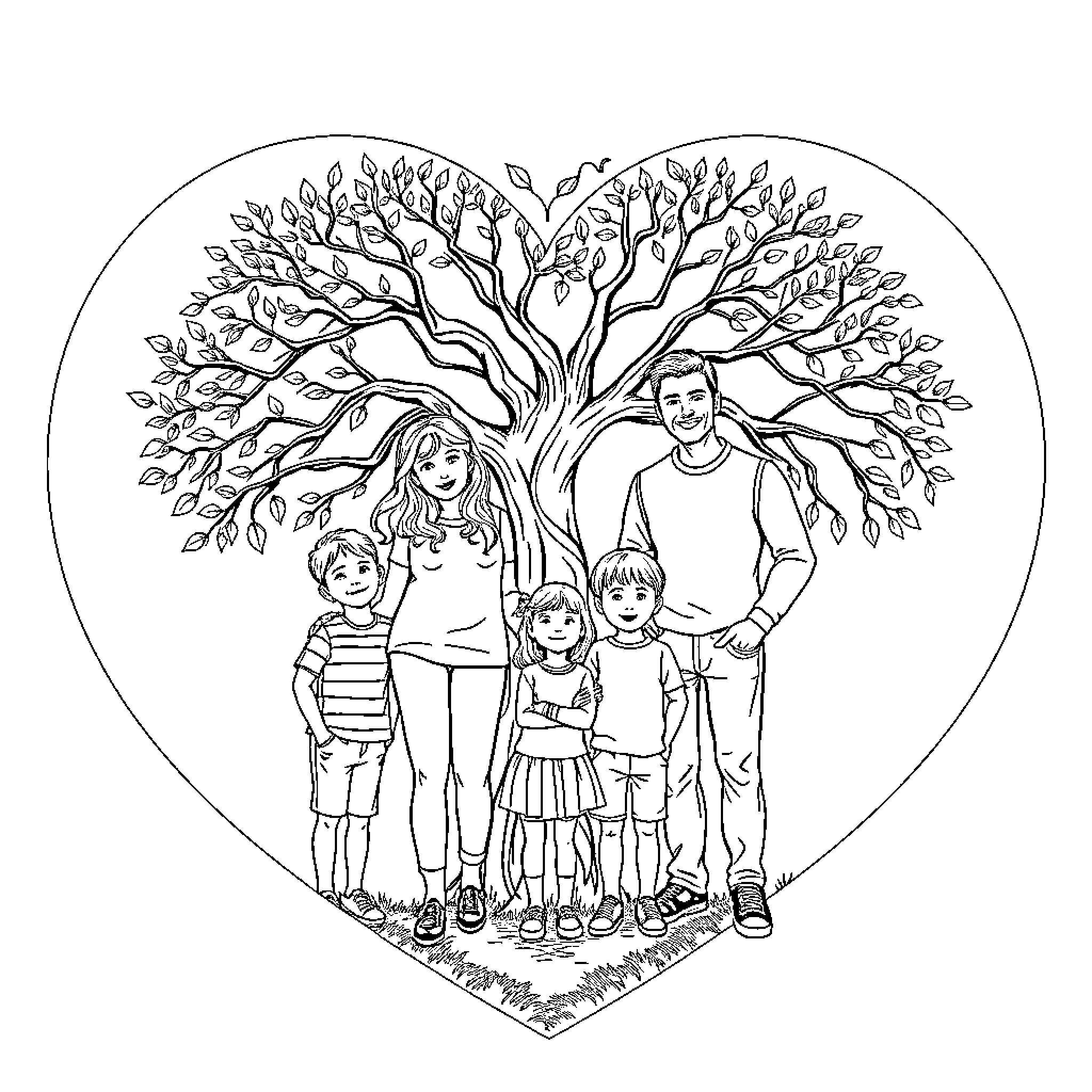 Family Embracing Under a Flourishing Tree Coloring Page (free black-and-white line drawing printable PDF for all, from beginners to advanced learners, including children, teens, adults, and seniors)