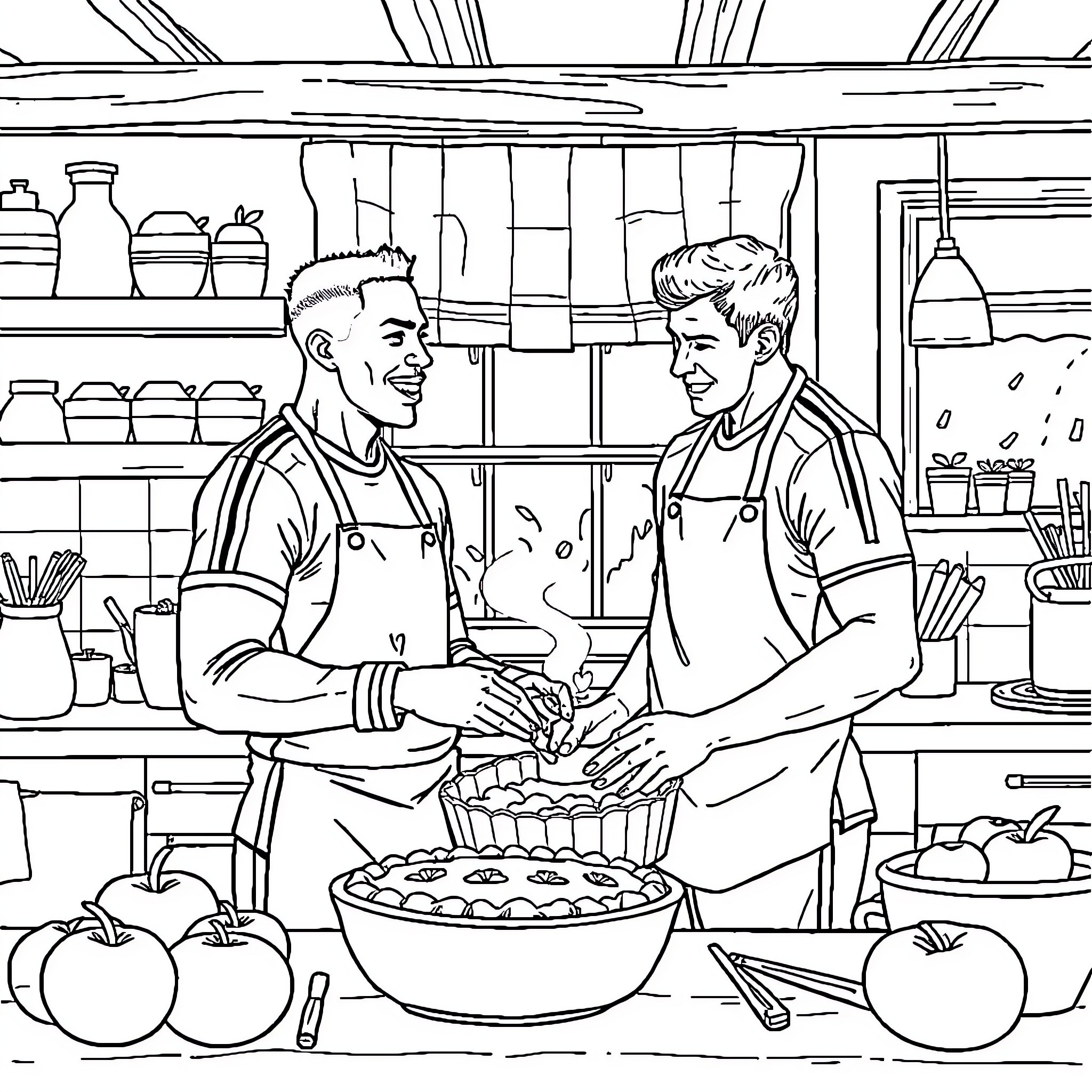 Kylian Mbappe Helping Chef Prepare Meal in Kitchen Coloring Page (free black-and-white line drawing printable PDF for all, from beginners to advanced learners, including children, teens, adults, and seniors)