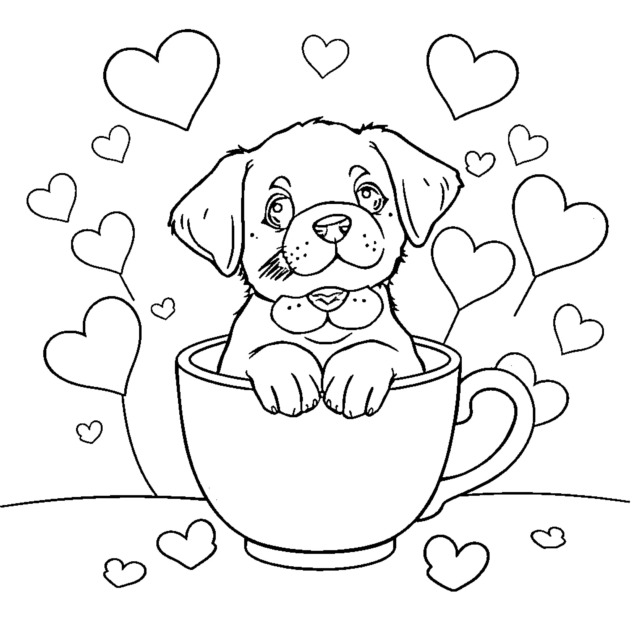 Puppy peeking out from a heart-shaped cup Coloring Page (free black-and-white line drawing printable PDF for all, from beginners to advanced learners, including children, teens, adults, and seniors)