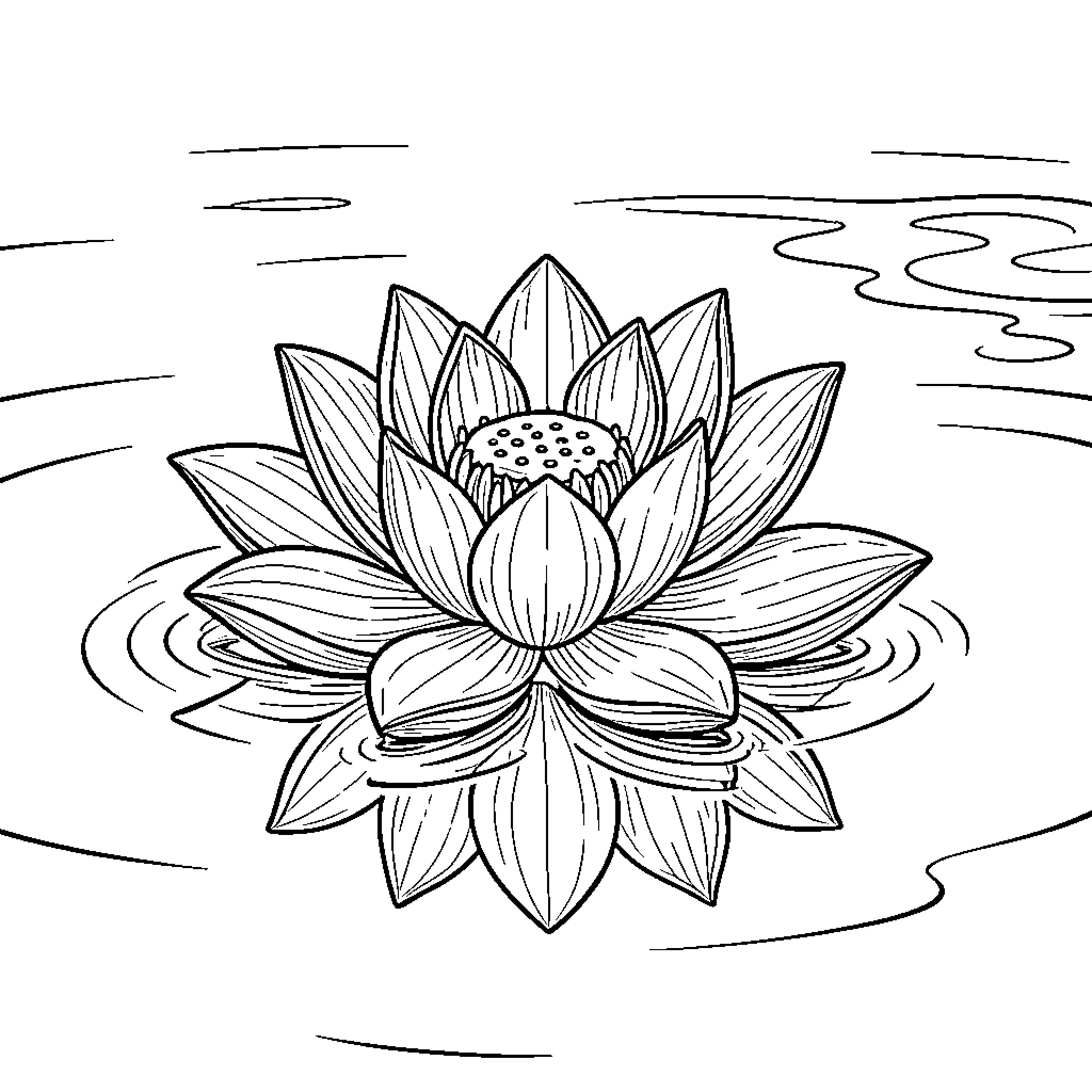 Lotus flower floating on a serene pond Coloring Page (free black-and-white line drawing printable PDF for all, from beginners to advanced learners, including children, teens, adults, and seniors)