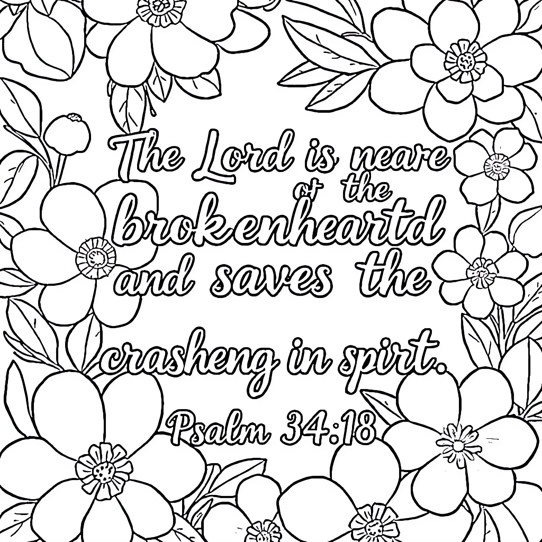 Floral Bible verse with flowers and text Coloring Page (free black-and-white line drawing printable PDF for all, from beginners to advanced learners, including children, teens, adults, and seniors)