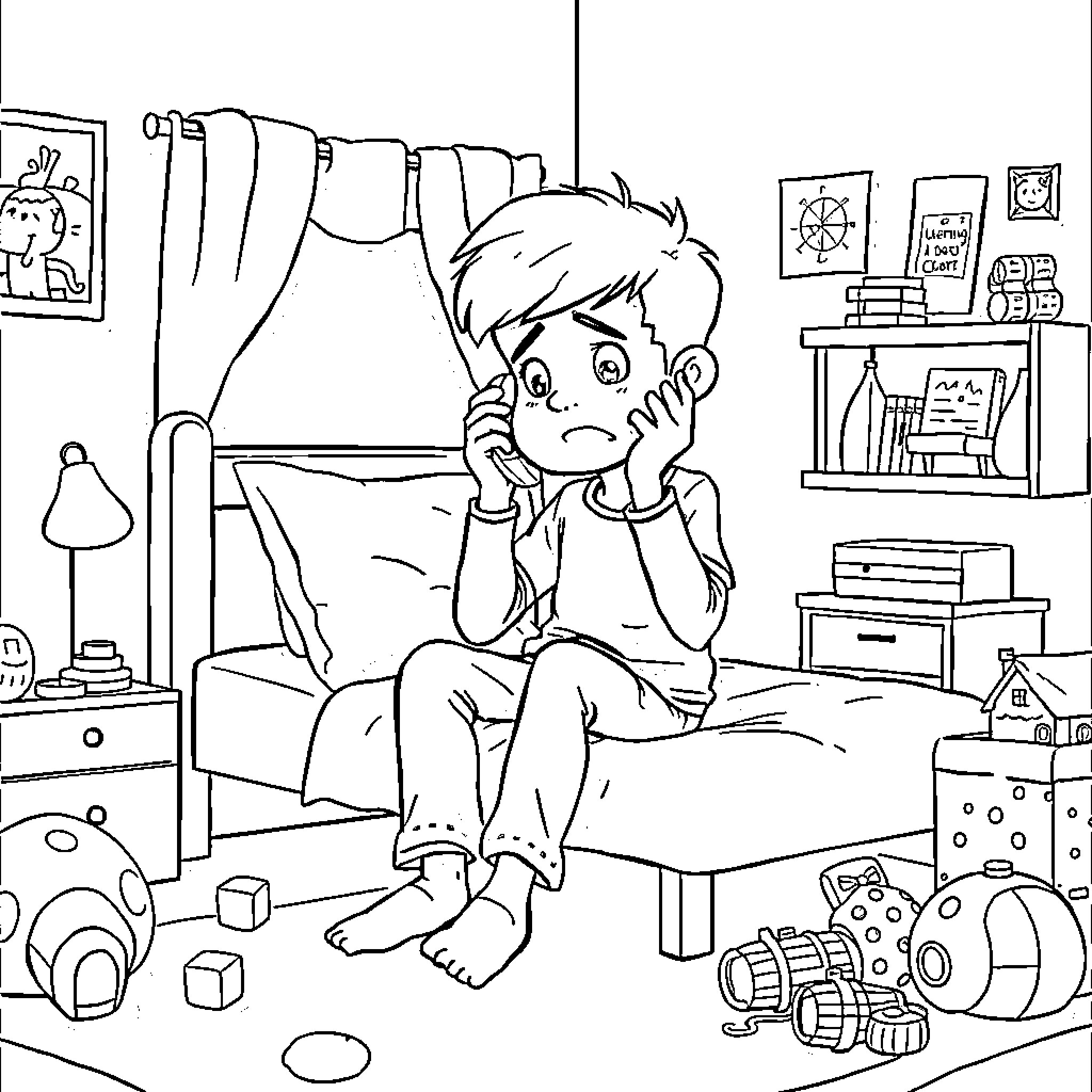 Boy sitting pensively in his messy bedroom Coloring Page (free black-and-white line drawing printable PDF for all, from beginners to advanced learners, including children, teens, adults, and seniors)