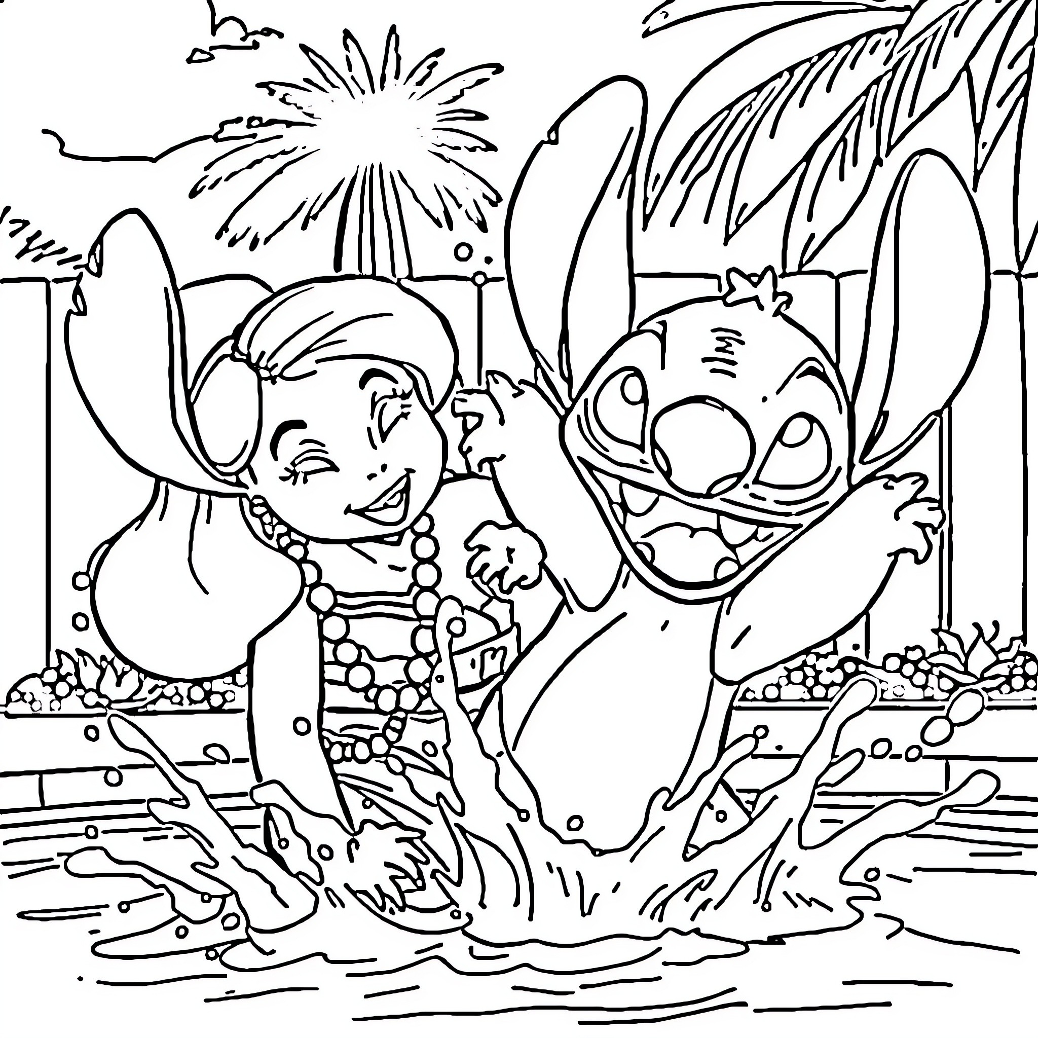 Lilo and Stitch playing joyfully in the water Coloring Page (free black-and-white line drawing printable PDF for all, from beginners to advanced learners, including children, teens, adults, and seniors)