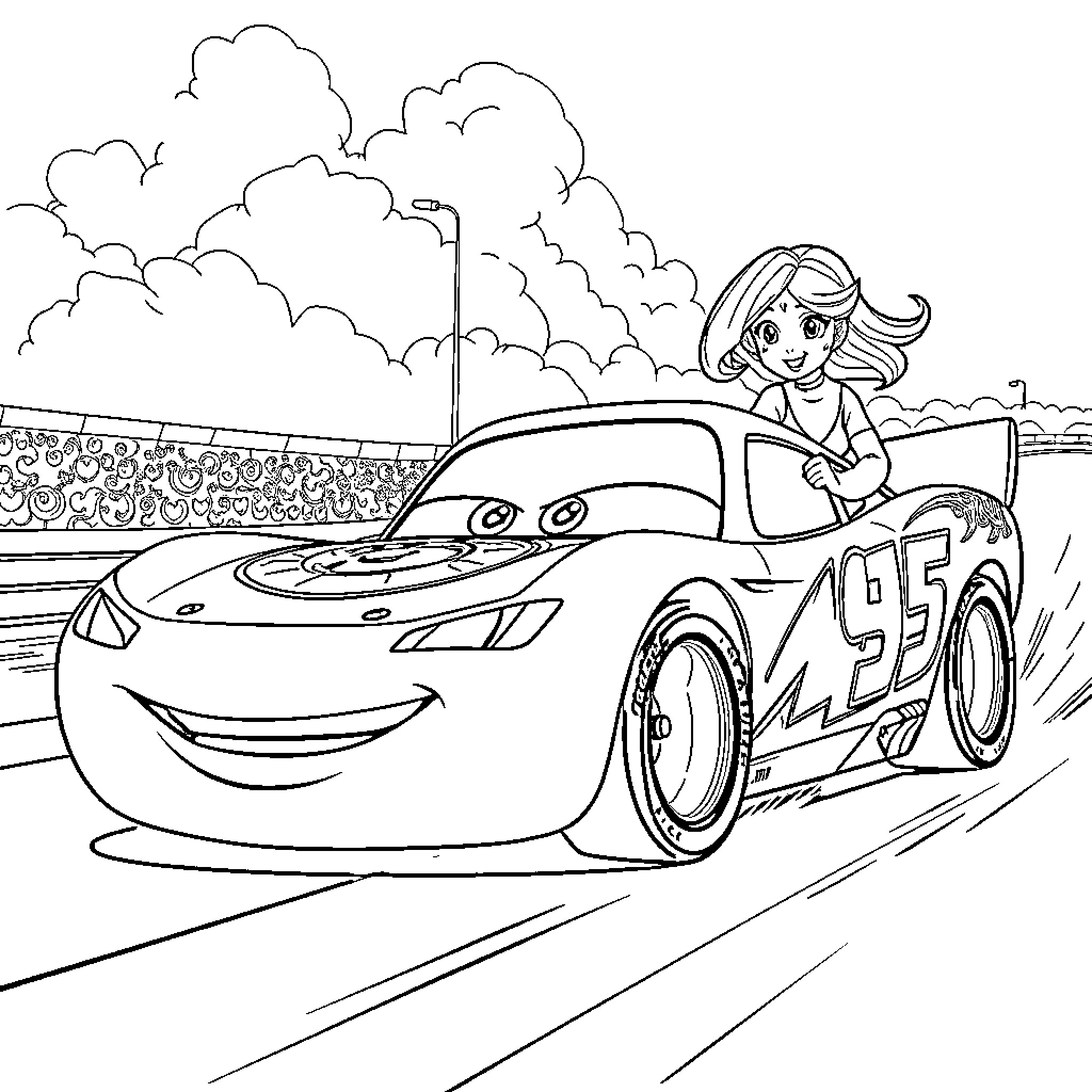 Rayo McQueen racing on the track with a young girl Coloring Page (free black-and-white line drawing printable PDF for all, from beginners to advanced learners, including children, teens, adults, and seniors)