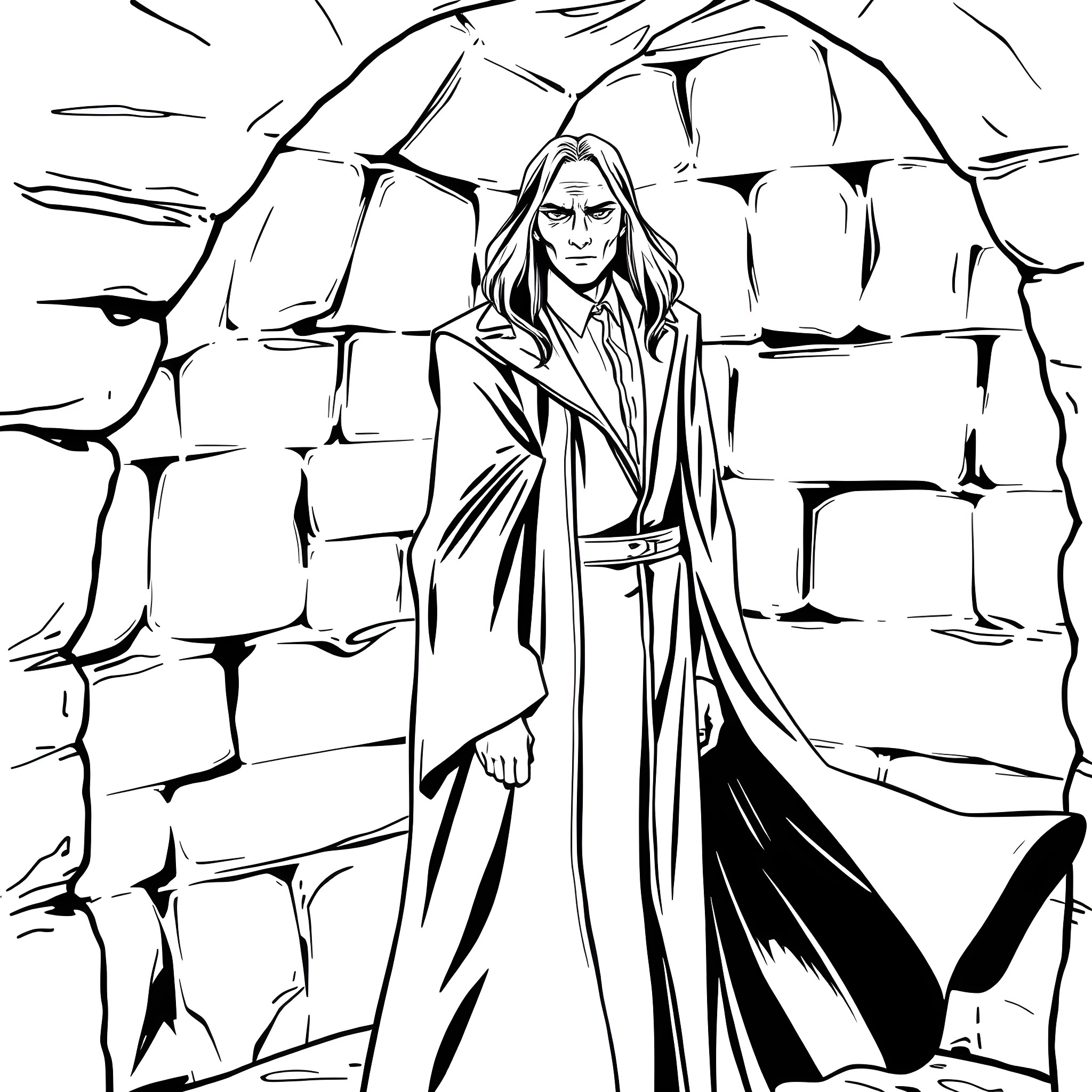 Snape standing solemnly amid the ruins Coloring Page (free black-and-white line drawing printable PDF for all, from beginners to advanced learners, including children, teens, adults, and seniors)