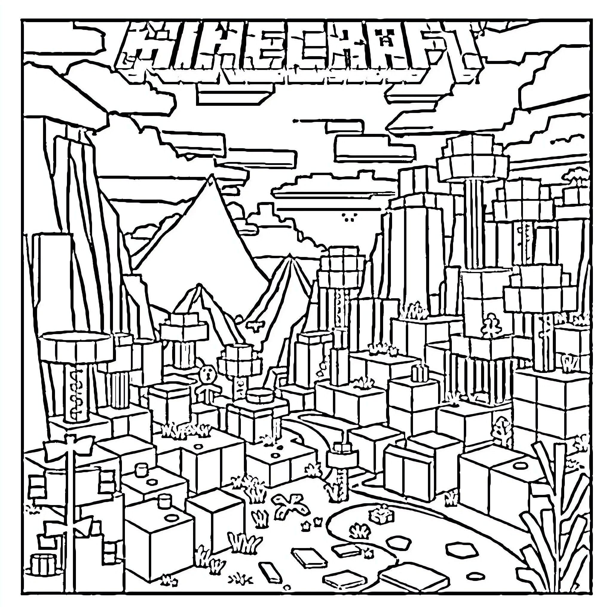 Minecraft epic adventure in a blocky world Coloring Page (free black-and-white line drawing printable PDF for all, from beginners to advanced learners, including children, teens, adults, and seniors)