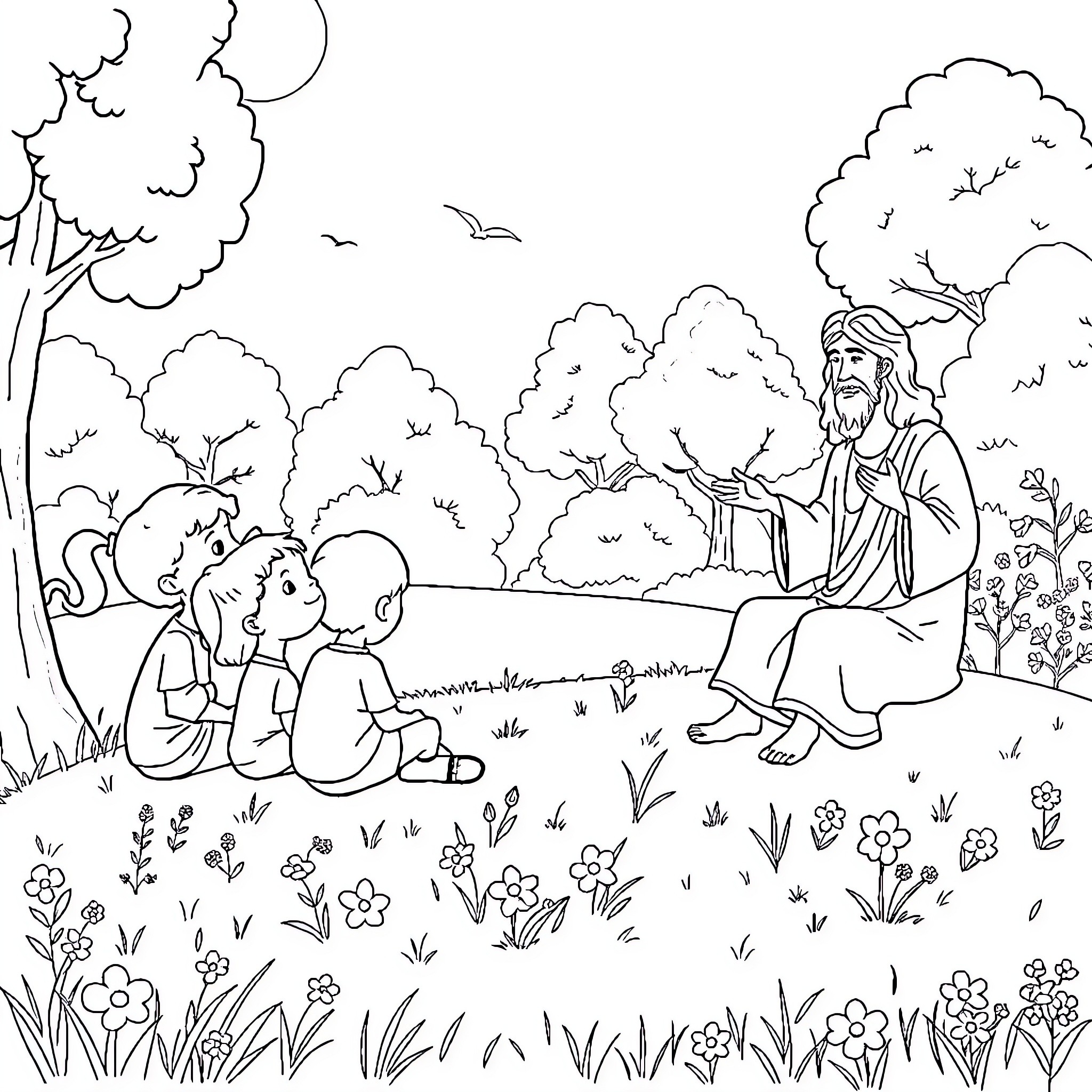 Child listening intently to elderly person in peaceful natural setting Coloring Page (free black-and-white line drawing printable PDF for all, from beginners to advanced learners, including children, teens, adults, and seniors)