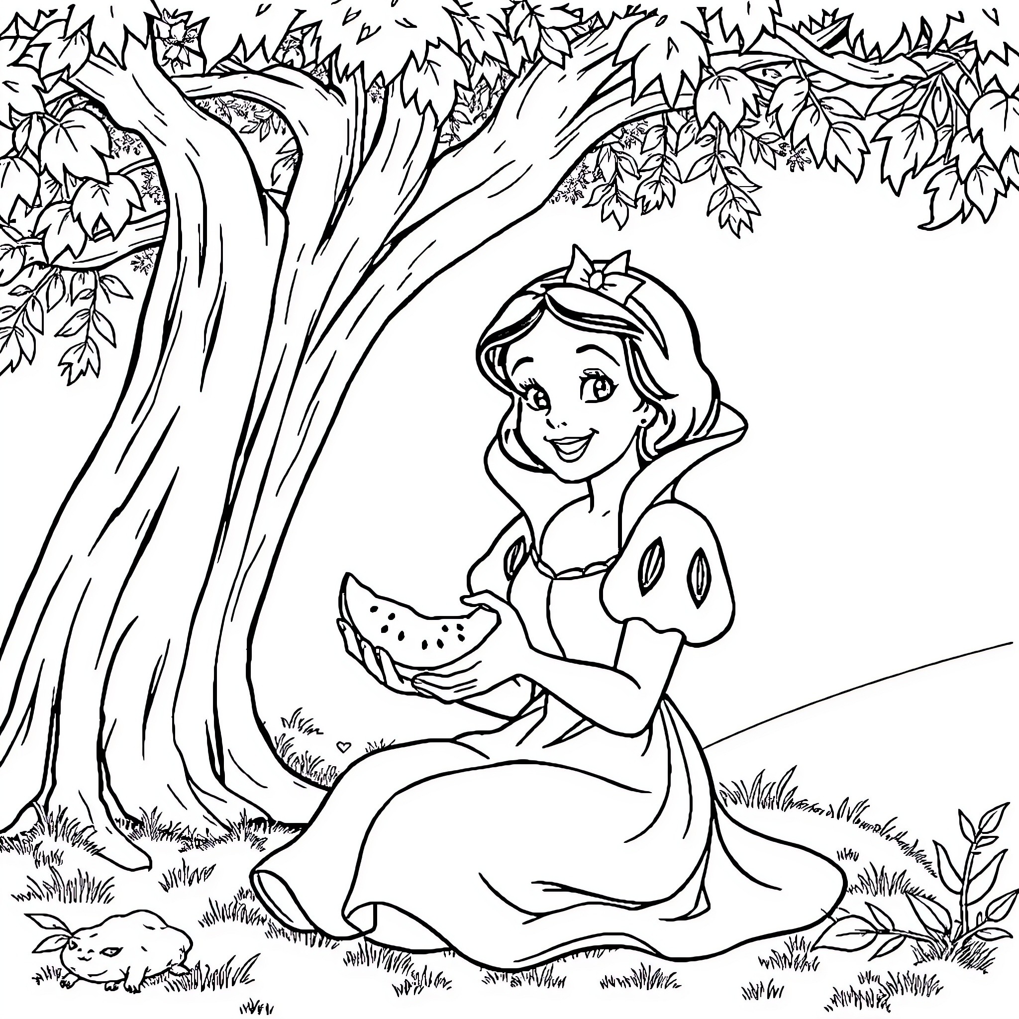Snow White enjoying a juicy watermelon in the enchanted forest Coloring Page (free black-and-white line drawing printable PDF for all, from beginners to advanced learners, including children, teens, adults, and seniors)