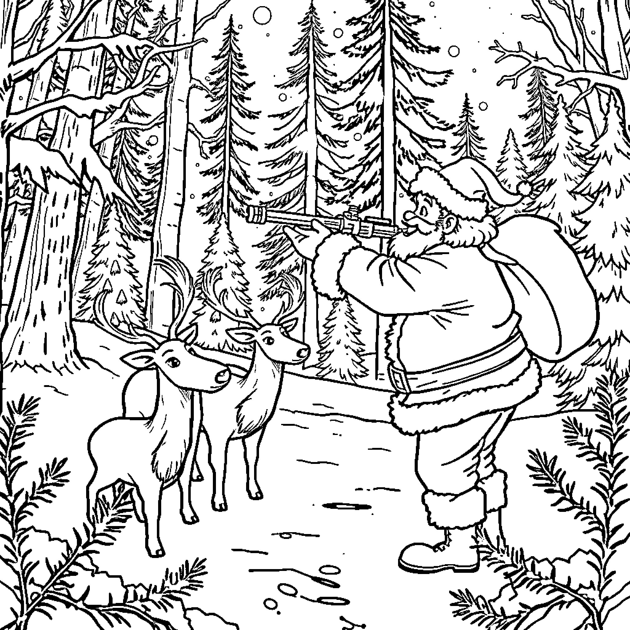 Santa Claus interacts with forest animals in the winter wonderland Coloring Page (free black-and-white line drawing printable PDF for all, from beginners to advanced learners, including children, teens, adults, and seniors)