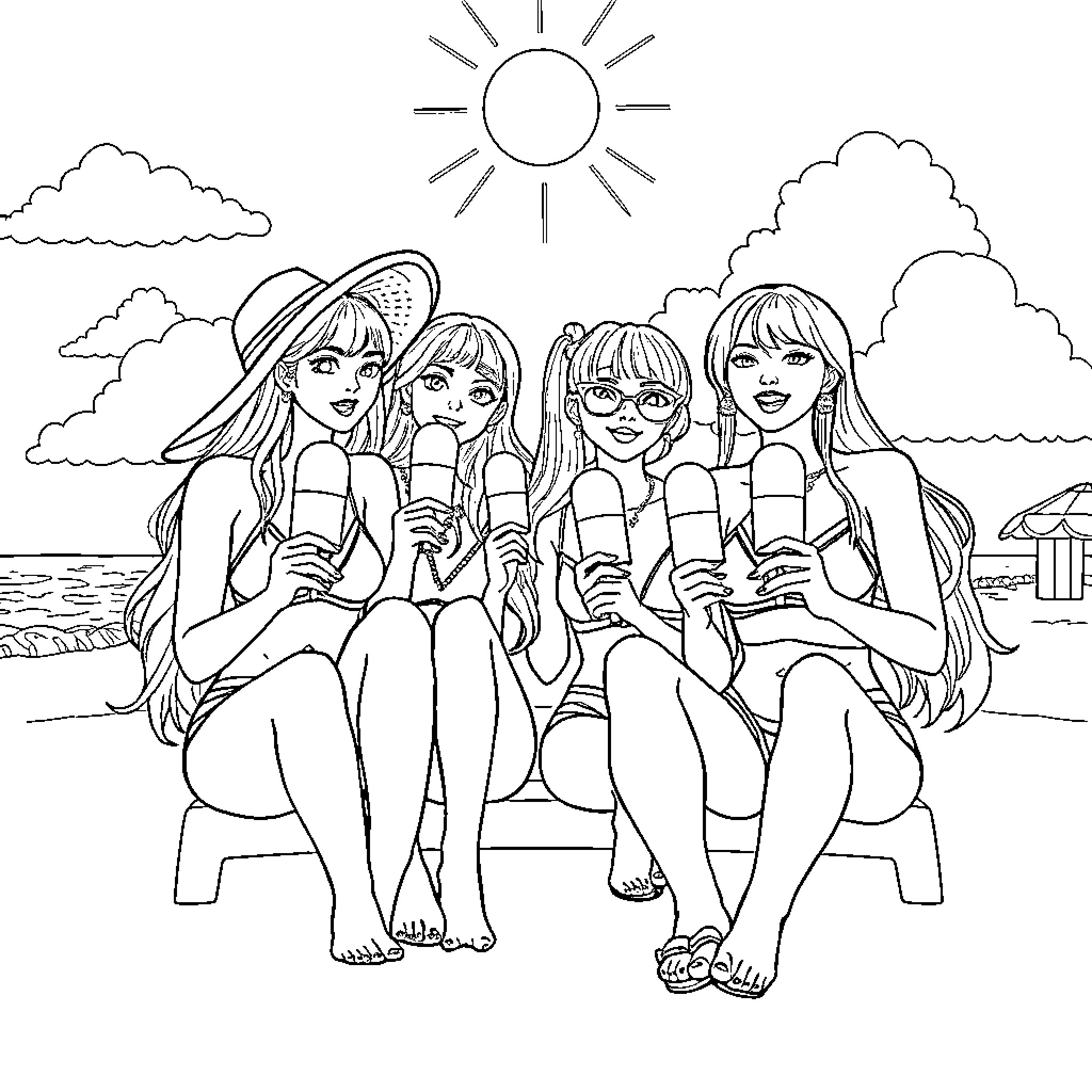 Guerrera: Joyful Companions at the Beach Coloring Page (free black-and-white line drawing printable PDF for all, from beginners to advanced learners, including children, teens, adults, and seniors)