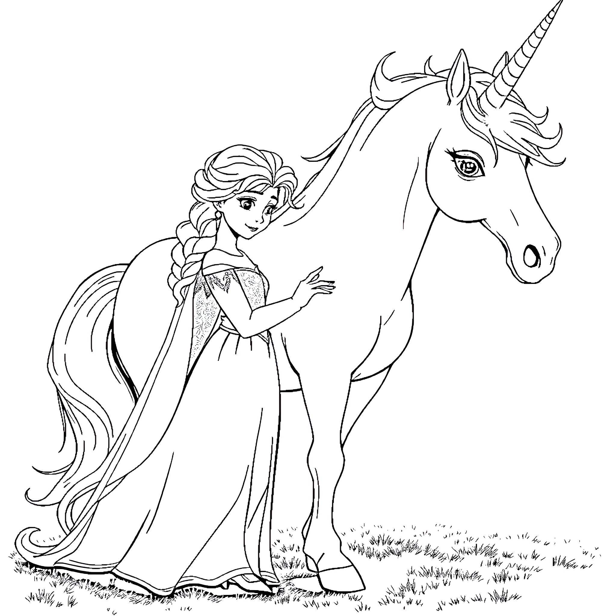 Elsa posing with a majestic unicorn in a meadow Coloring Page (free black-and-white line drawing printable PDF for all, from beginners to advanced learners, including children, teens, adults, and seniors)