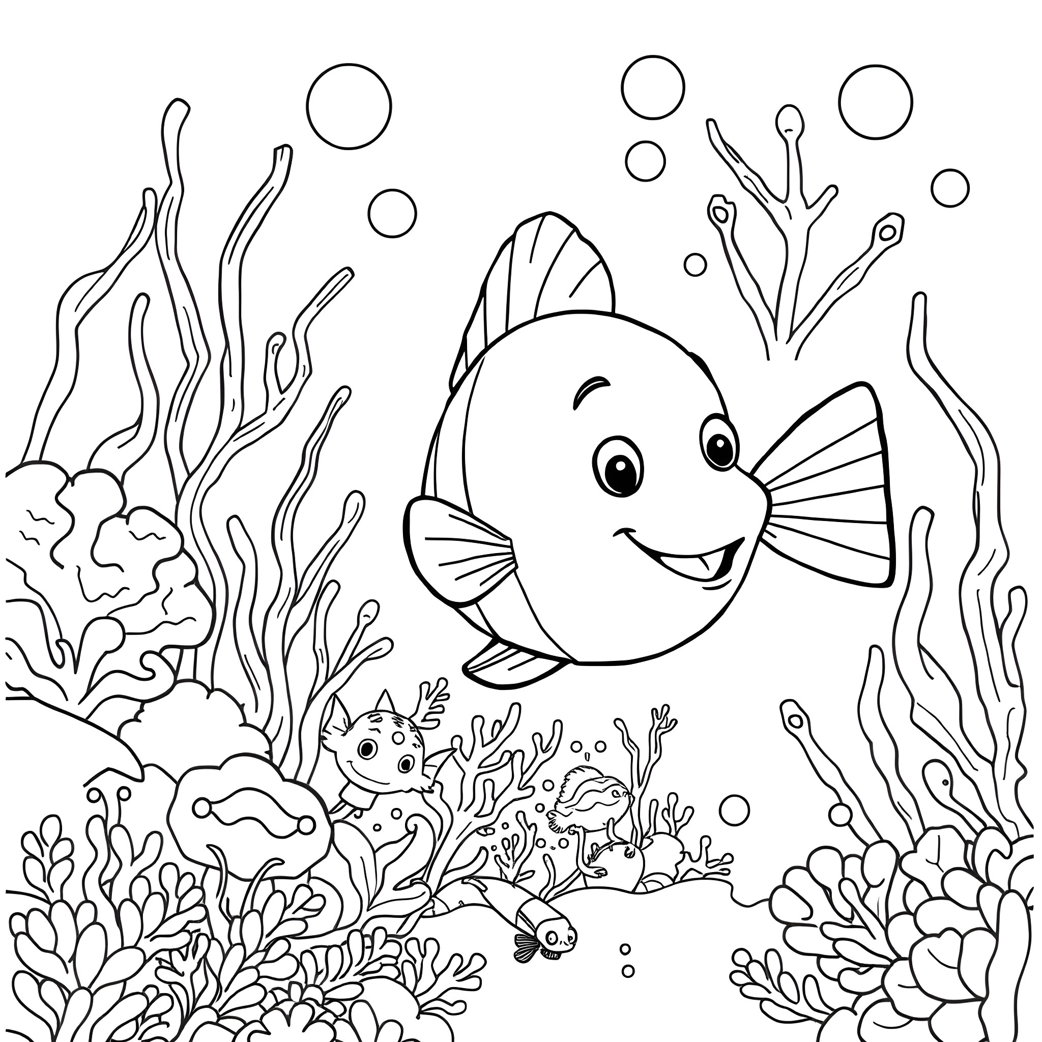 Flounder swimming happily in the underwater coral reef Coloring Page (free black-and-white line drawing printable PDF for all, from beginners to advanced learners, including children, teens, adults, and seniors)