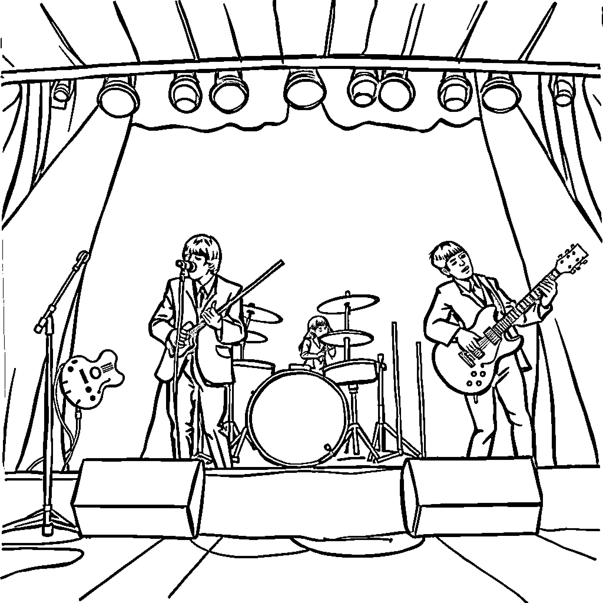 Beatles performing on stage with instruments Coloring Page (free black-and-white line drawing printable PDF for all, from beginners to advanced learners, including children, teens, adults, and seniors)