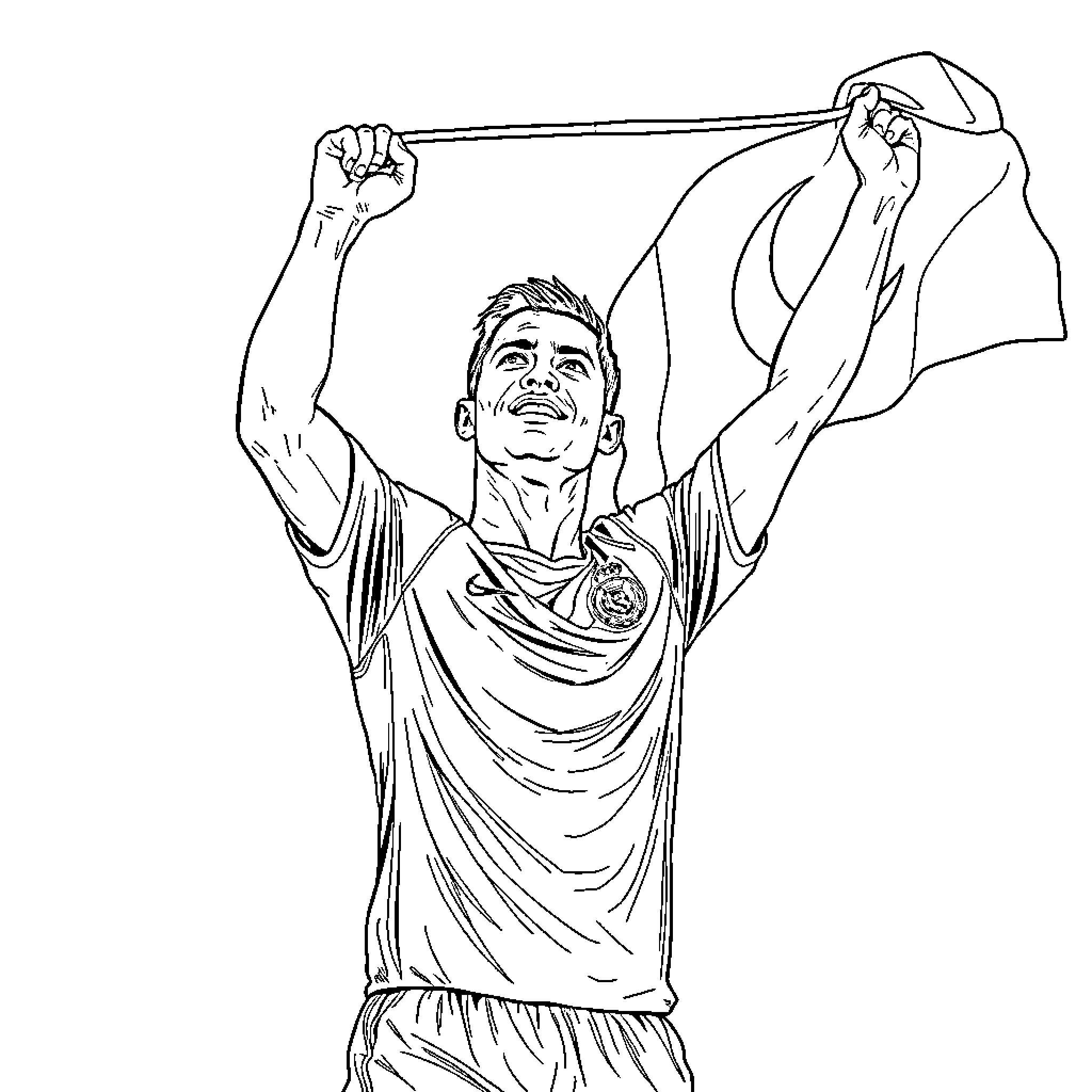 Cristiano Ronaldo celebrating with outstretched arms Coloring Page (free black-and-white line drawing printable PDF for all, from beginners to advanced learners, including children, teens, adults, and seniors)