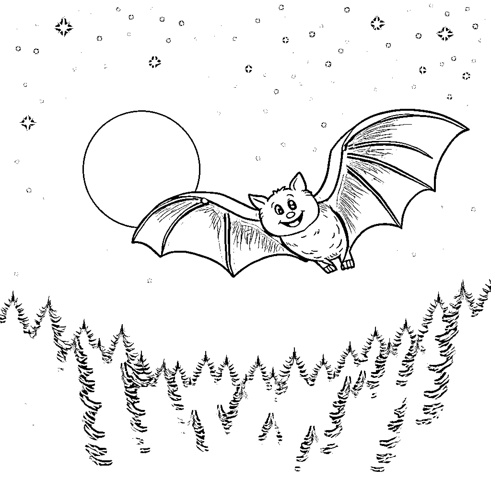 Bat flying joyfully under the moonlight Coloring Page (free black-and-white line drawing printable PDF for all, from beginners to advanced learners, including children, teens, adults, and seniors)