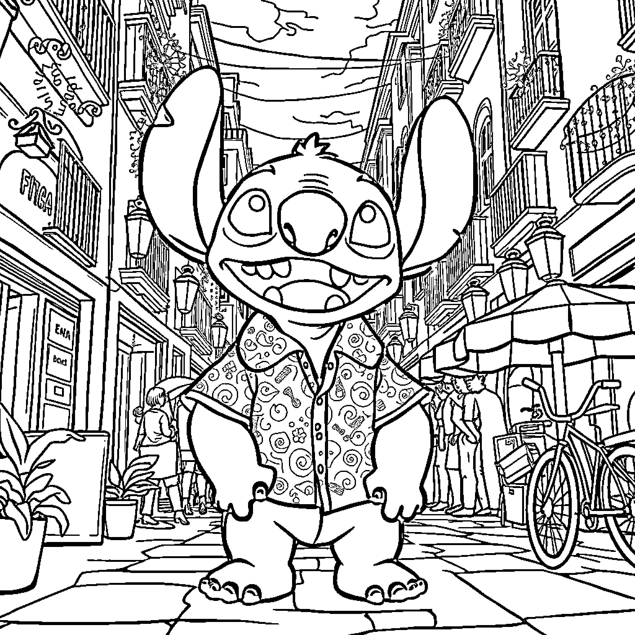Stitch exploring the vibrant city street Coloring Page (free black-and-white line drawing printable PDF for all, from beginners to advanced learners, including children, teens, adults, and seniors)
