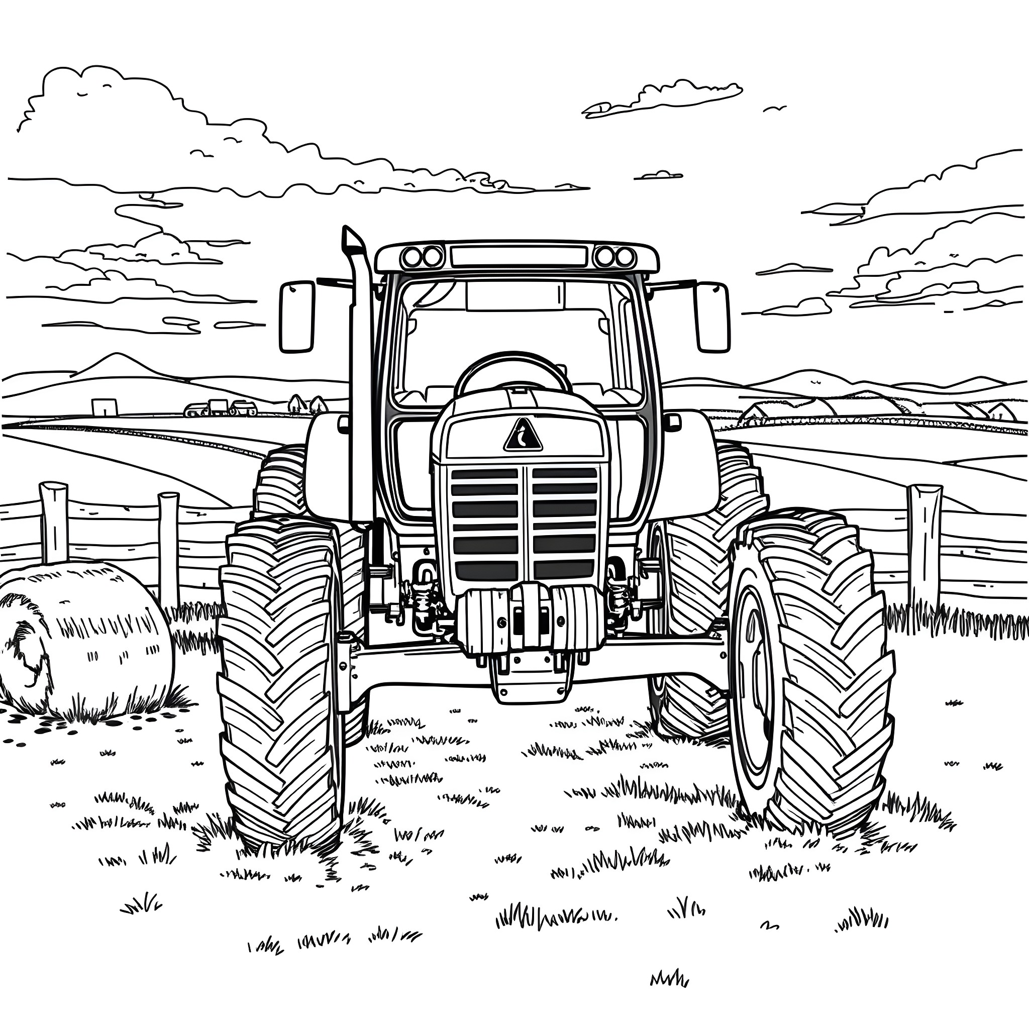 Tractor plowing the field with mountains in the background Coloring Page (free black-and-white line drawing printable PDF for all, from beginners to advanced learners, including children, teens, adults, and seniors)