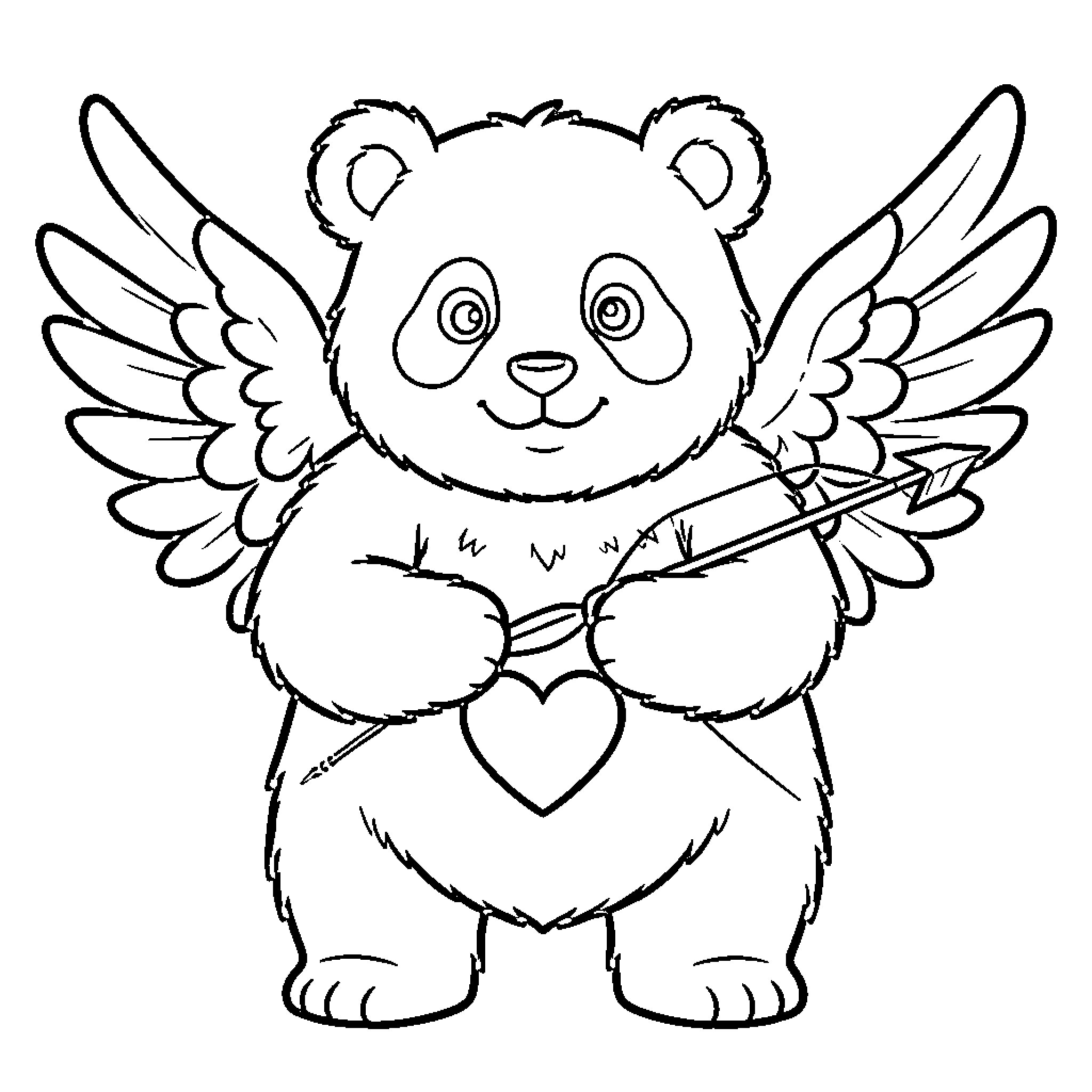 Panda cupid holding a heart and arrow Coloring Page (free black-and-white line drawing printable PDF for all, from beginners to advanced learners, including children, teens, adults, and seniors)