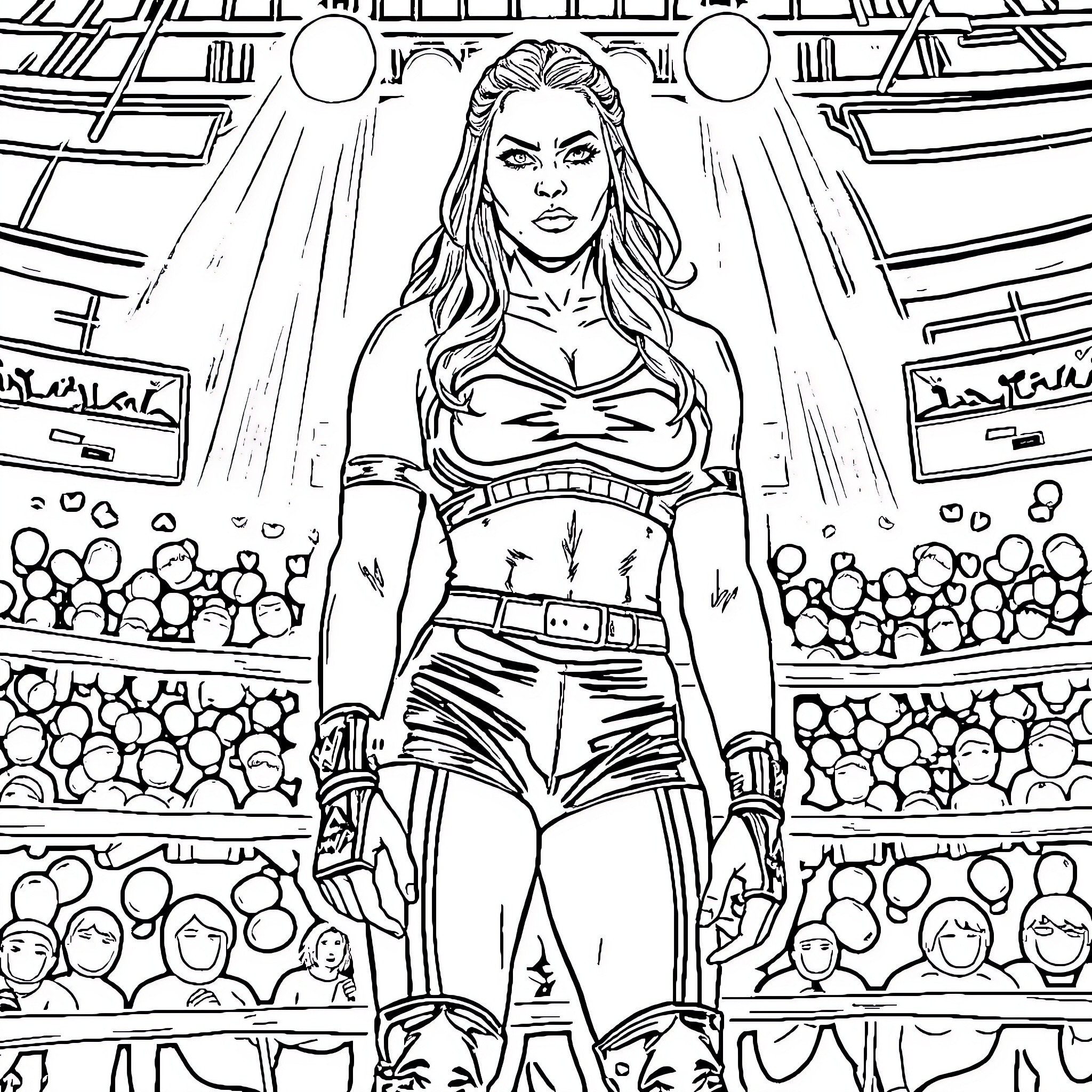 Rhea Ripley in the wrestling arena Coloring Page (free black-and-white line drawing printable PDF for all, from beginners to advanced learners, including children, teens, adults, and seniors)