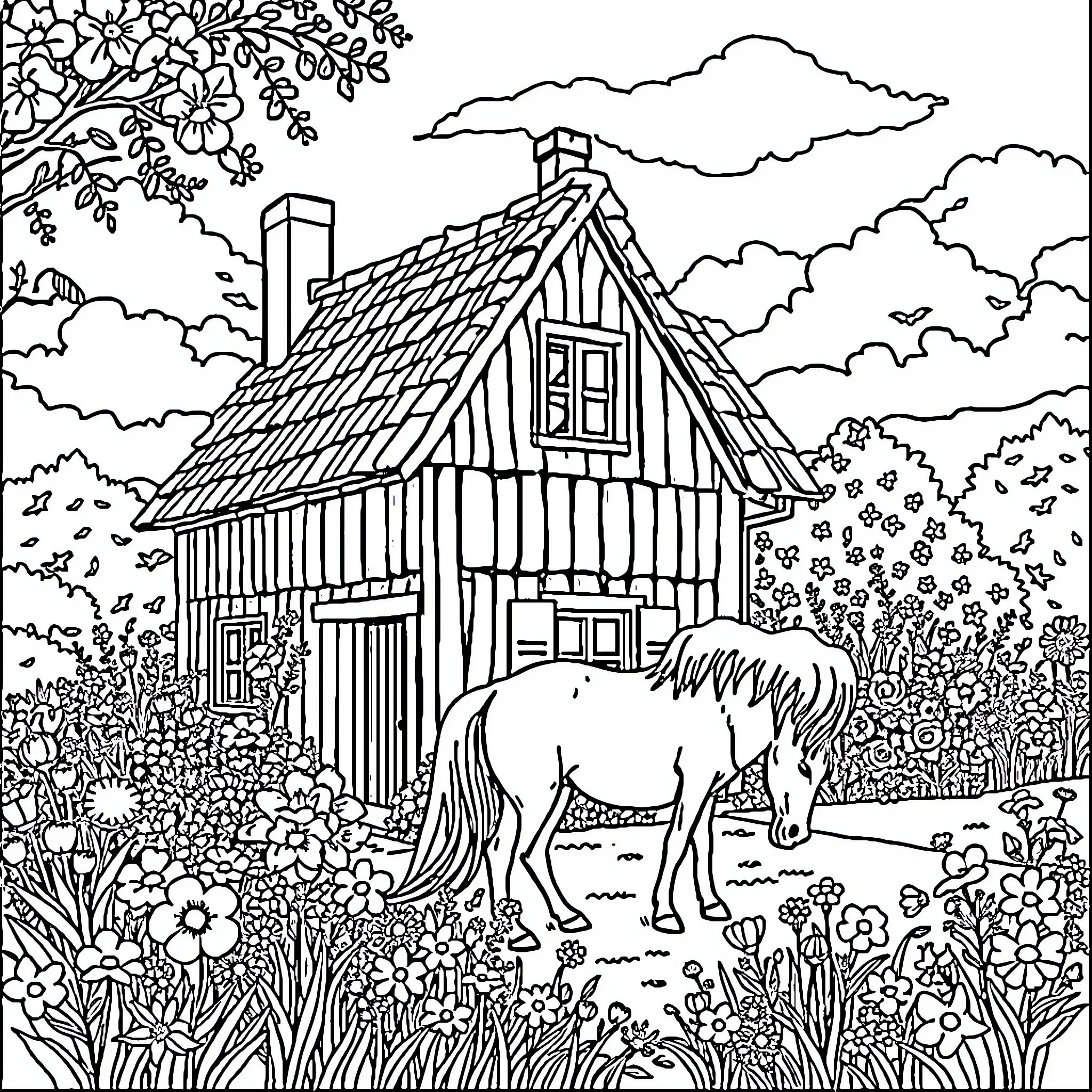 House with a pony in a floral garden Coloring Page (free black-and-white line drawing printable PDF for all, from beginners to advanced learners, including children, teens, adults, and seniors)