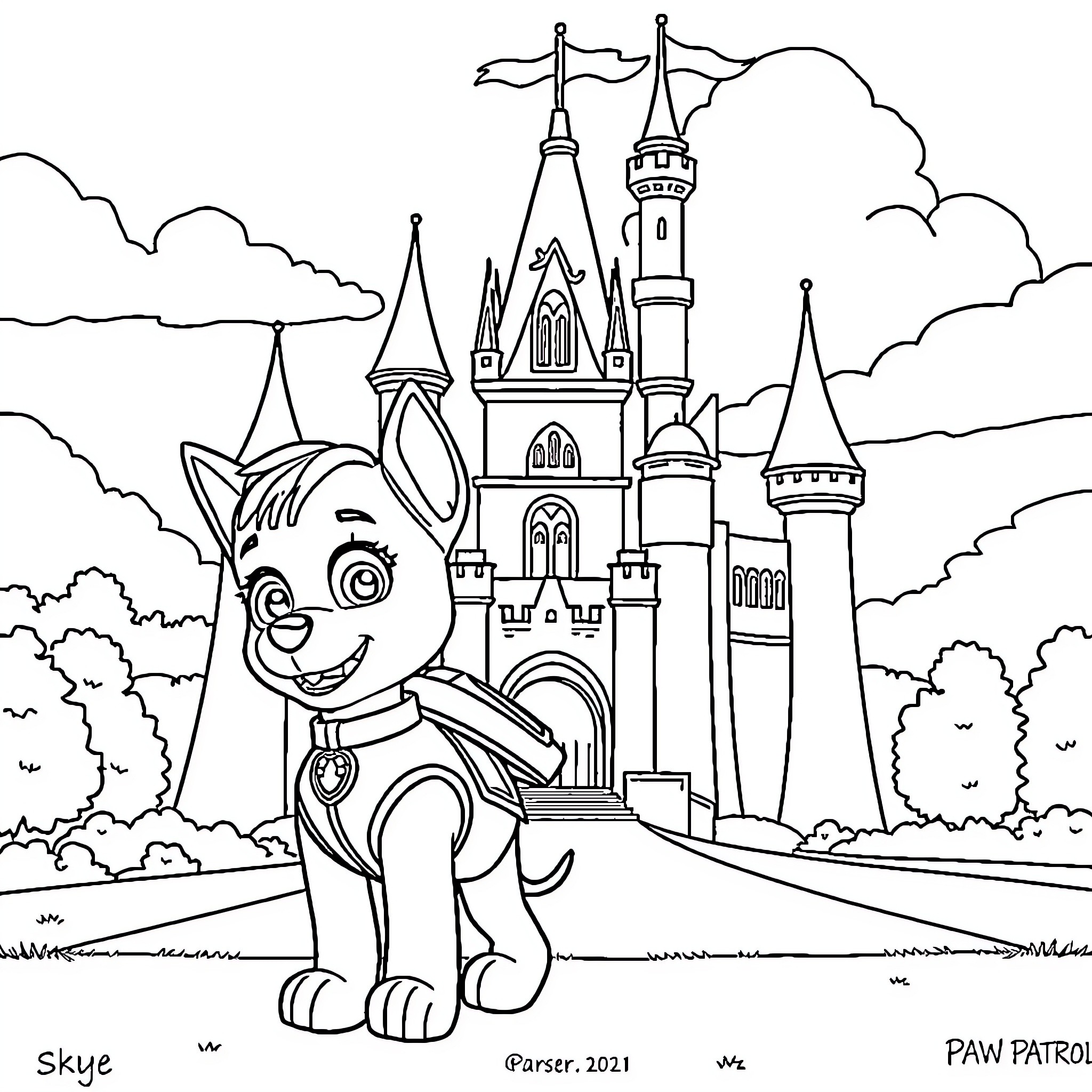 Paw Patrol Pup Exploring Enchanted Castle Coloring Page (free black-and-white line drawing printable PDF for all, from beginners to advanced learners, including children, teens, adults, and seniors)
