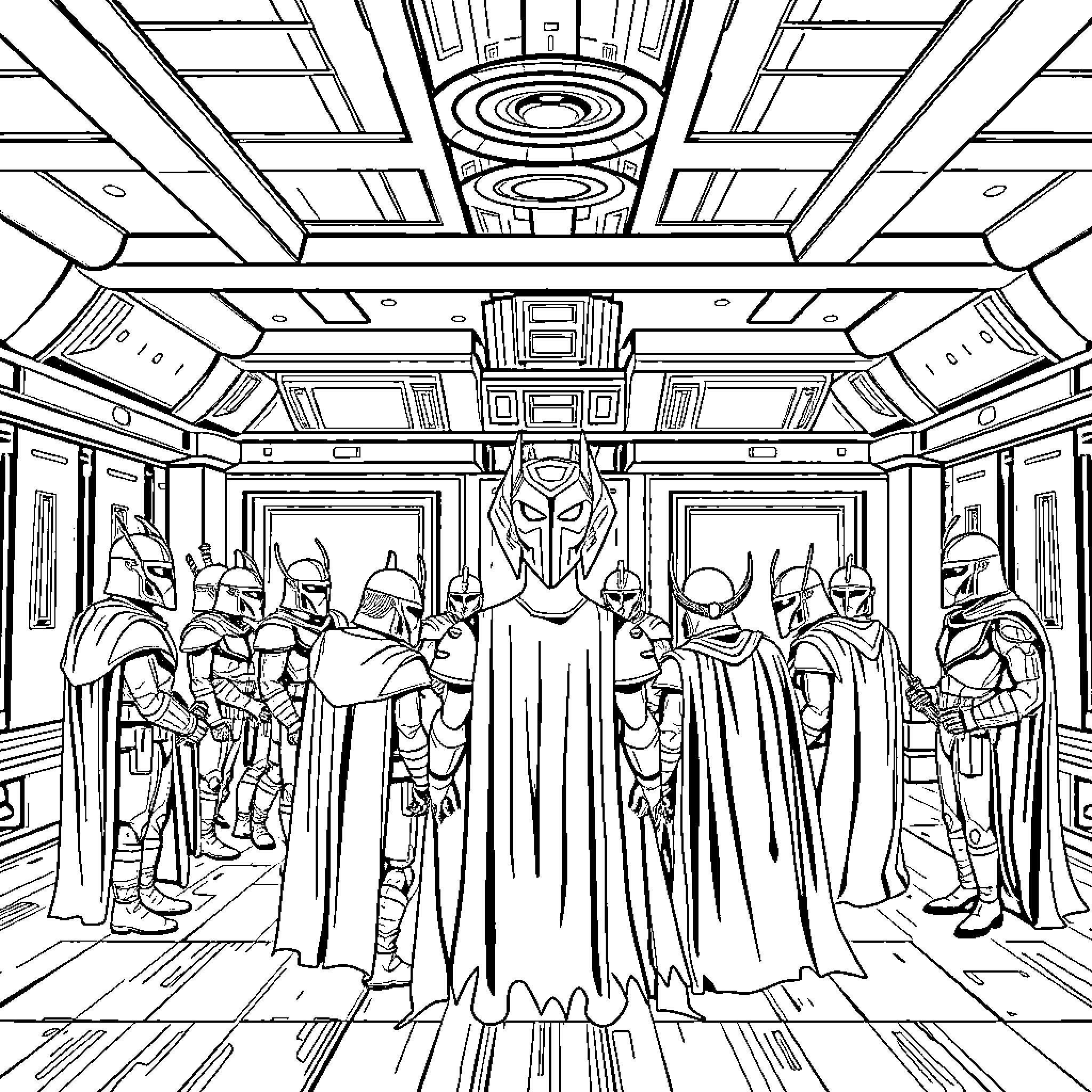 Avengers Assemble in Dramatic Sci-Fi Setting Coloring Page (free black-and-white line drawing printable PDF for all, from beginners to advanced learners, including children, teens, adults, and seniors)