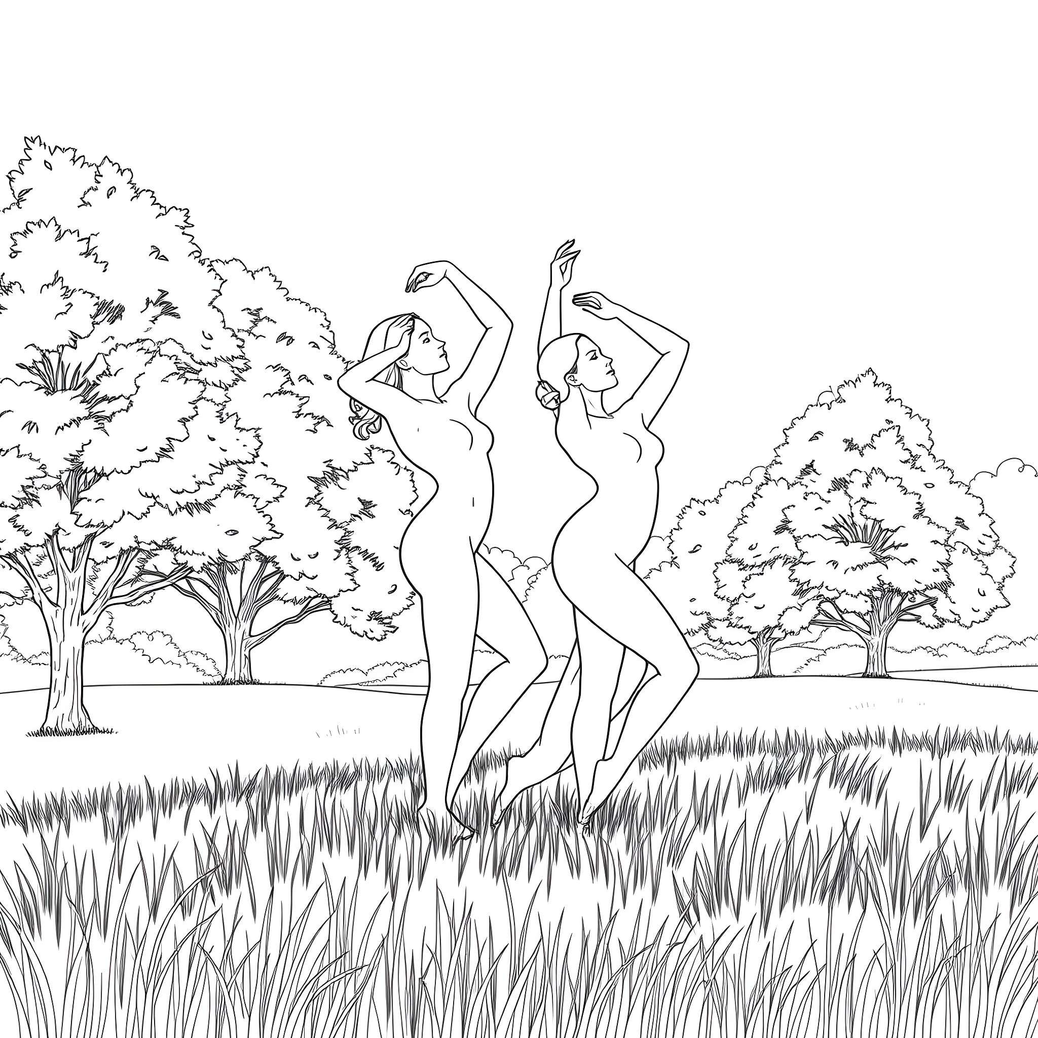 Person dancing freely in nature Coloring Page (free black-and-white line drawing printable PDF for all, from beginners to advanced learners, including children, teens, adults, and seniors)