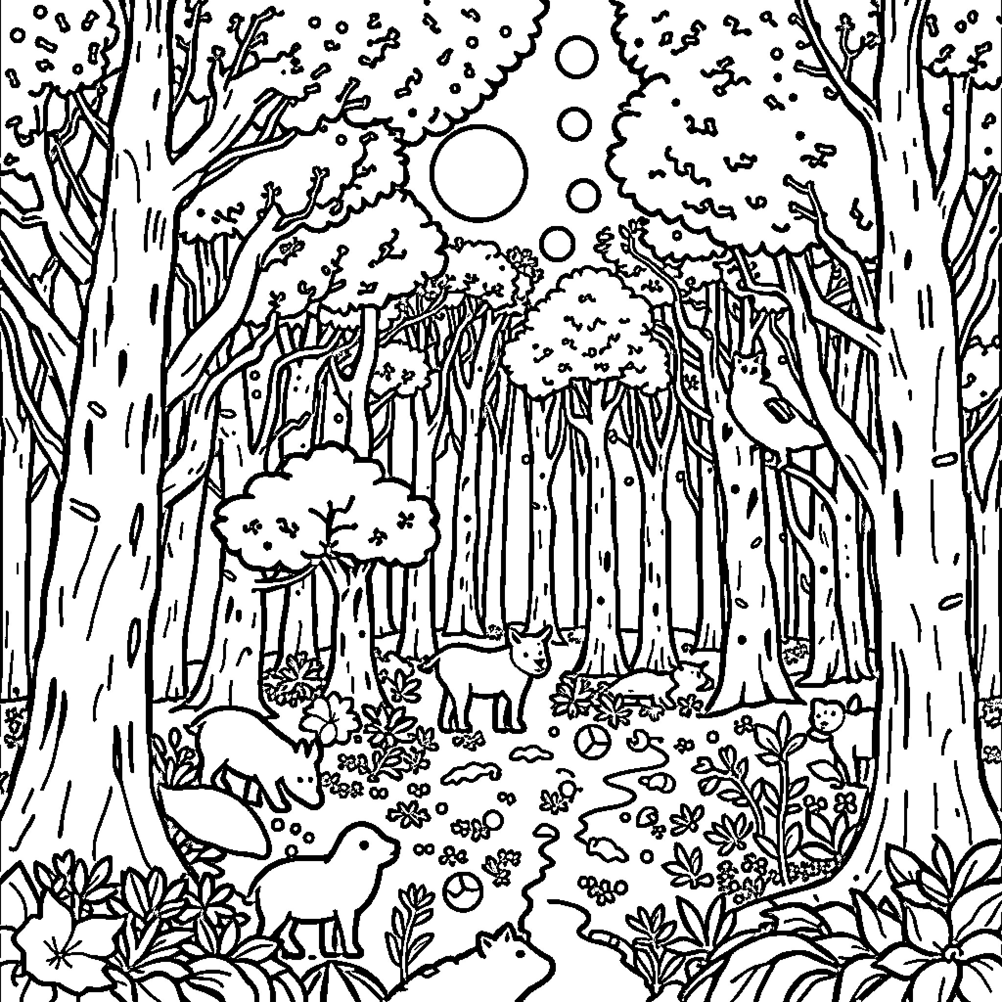 Forest filled with mystical creatures and nature Coloring Page (free black-and-white line drawing printable PDF for all, from beginners to advanced learners, including children, teens, adults, and seniors)