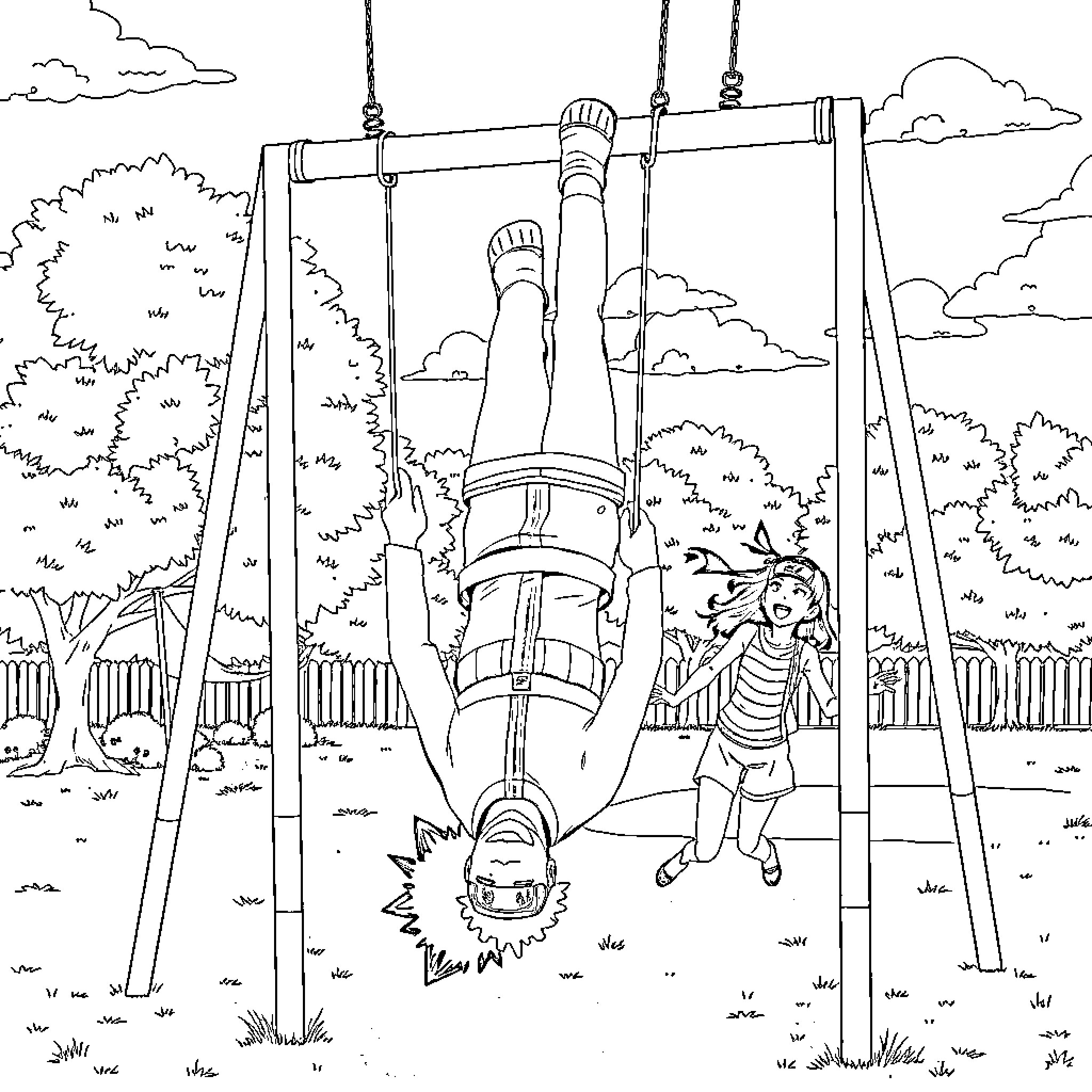 Naruto characters on a playground swing set Coloring Page (free black-and-white line drawing printable PDF for all, from beginners to advanced learners, including children, teens, adults, and seniors)