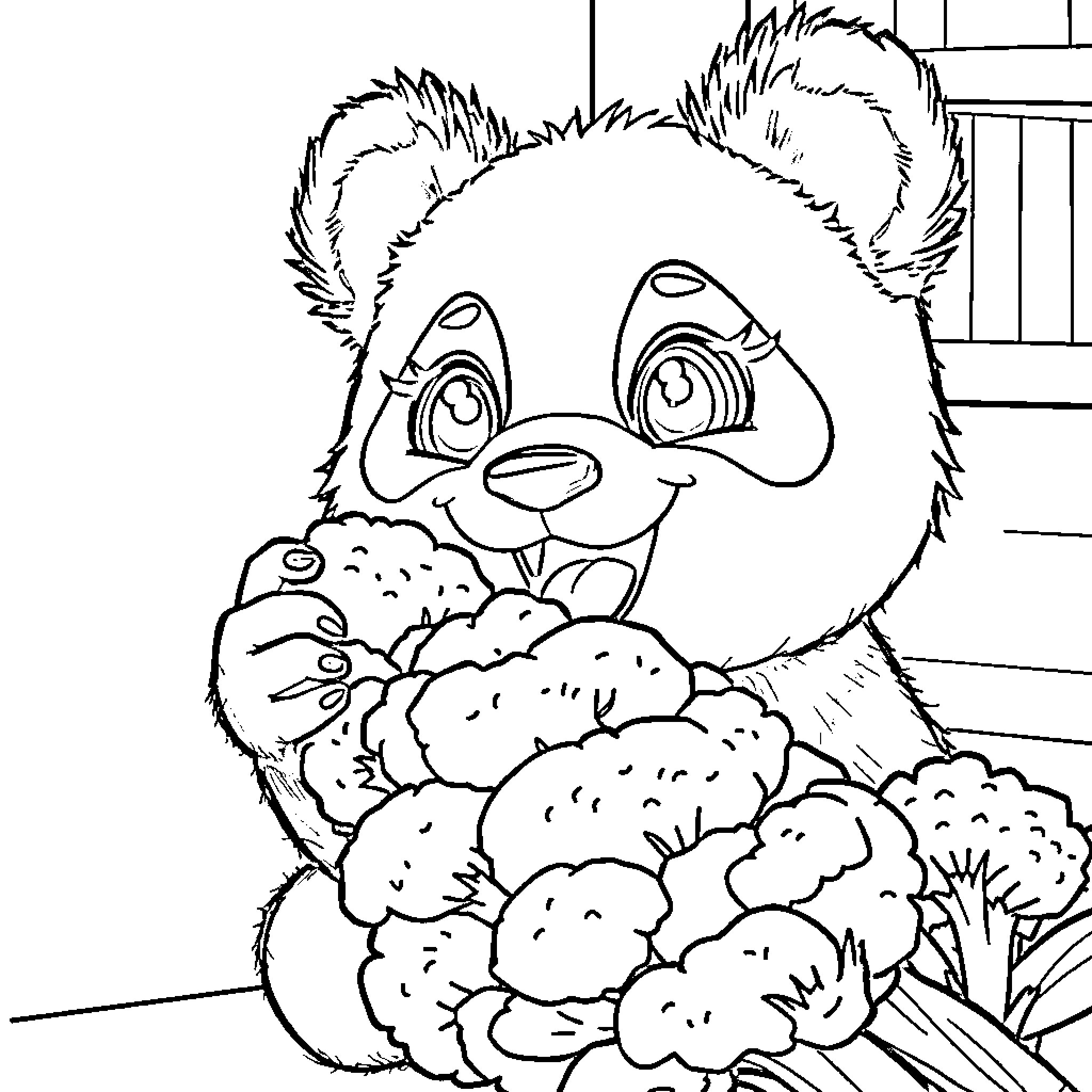 Pandi the Panda's Flower Surprise Coloring Page (free black-and-white line drawing printable PDF for all, from beginners to advanced learners, including children, teens, adults, and seniors)