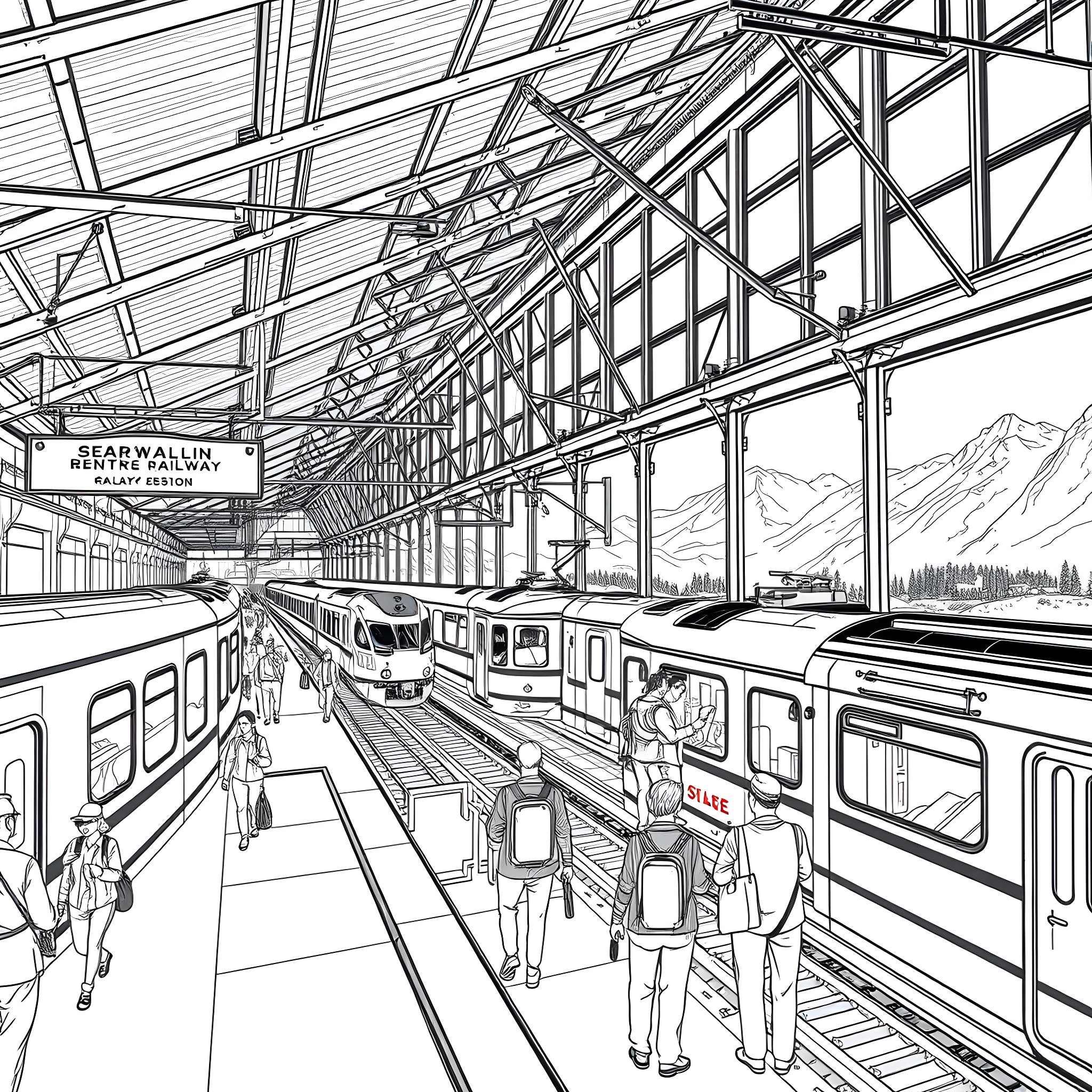 Train station with passengers waiting and trains on tracks Coloring Page (free black-and-white line drawing printable PDF for all, from beginners to advanced learners, including children, teens, adults, and seniors)