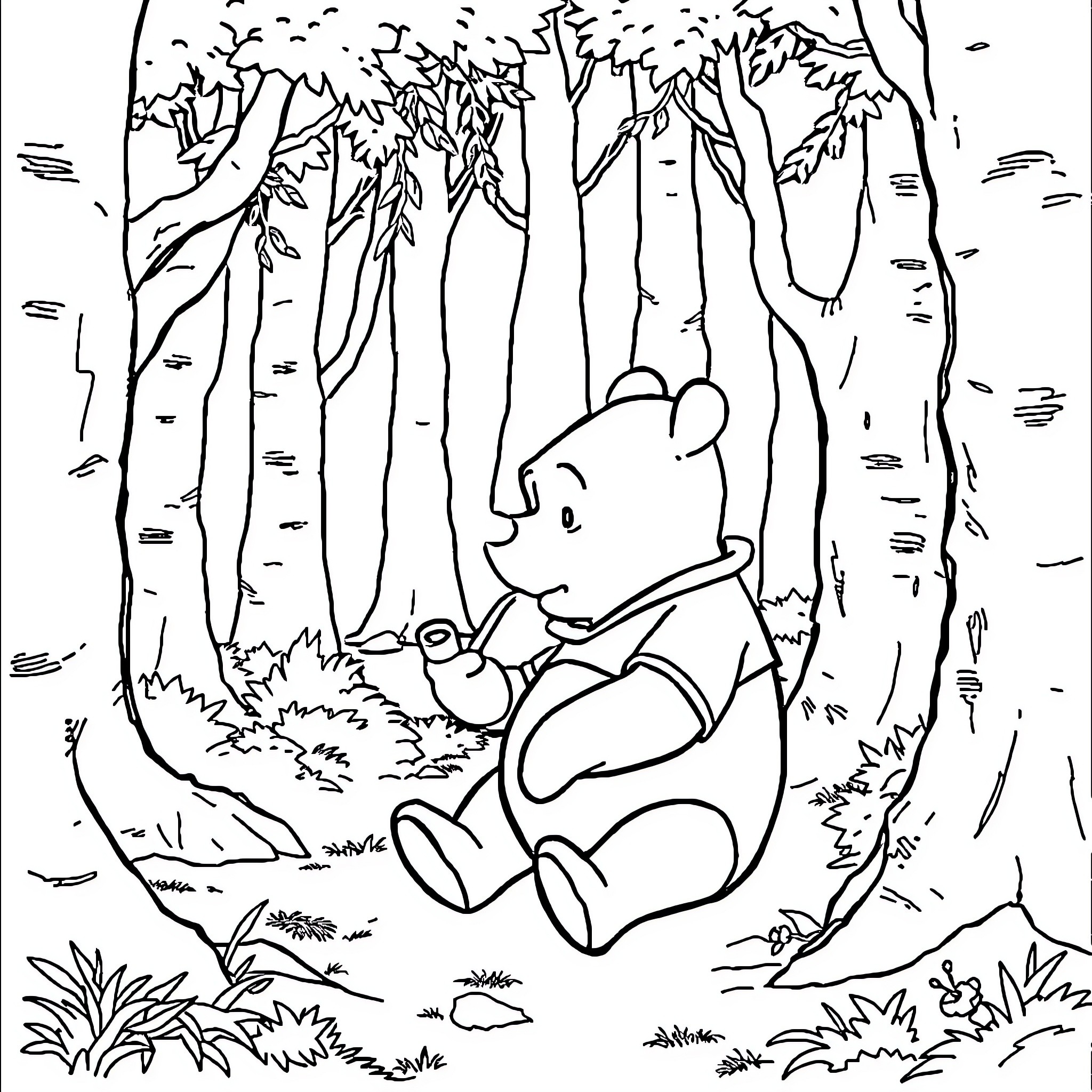 Winnie The Pooh exploring the forest Coloring Page (free black-and-white line drawing printable PDF for all, from beginners to advanced learners, including children, teens, adults, and seniors)