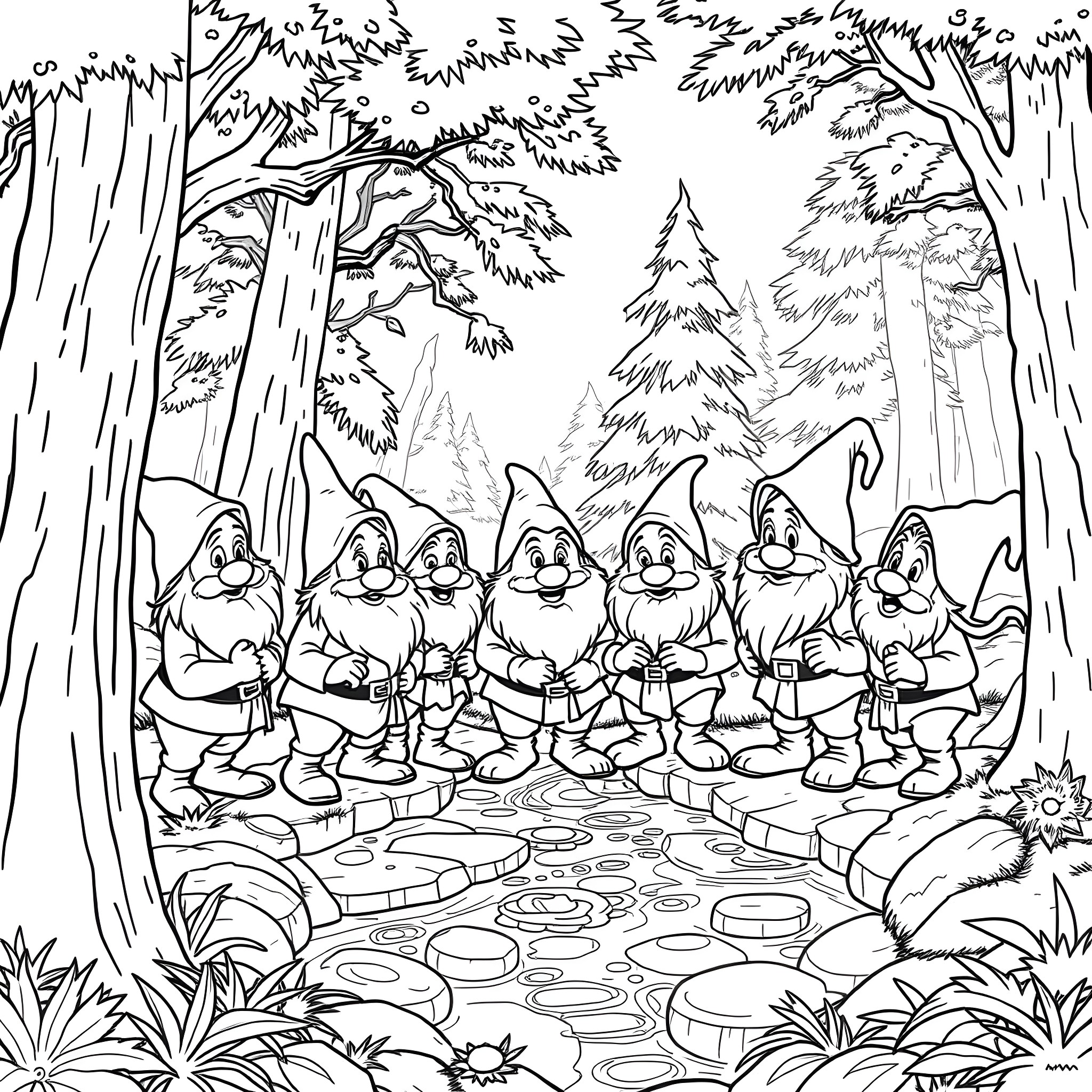 Dwarf characters in a whimsical forest scene Coloring Page (free black-and-white line drawing printable PDF for all, from beginners to advanced learners, including children, teens, adults, and seniors)