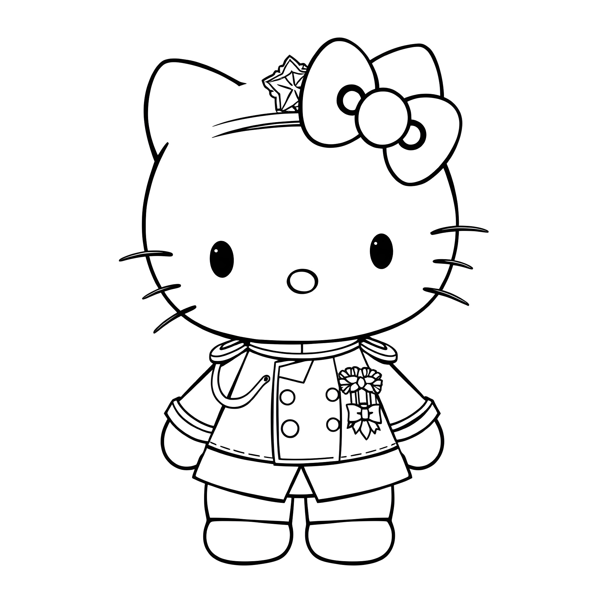 Hello Kitty in military uniform with a star Coloring Page (free black-and-white line drawing printable PDF for all, from beginners to advanced learners, including children, teens, adults, and seniors)