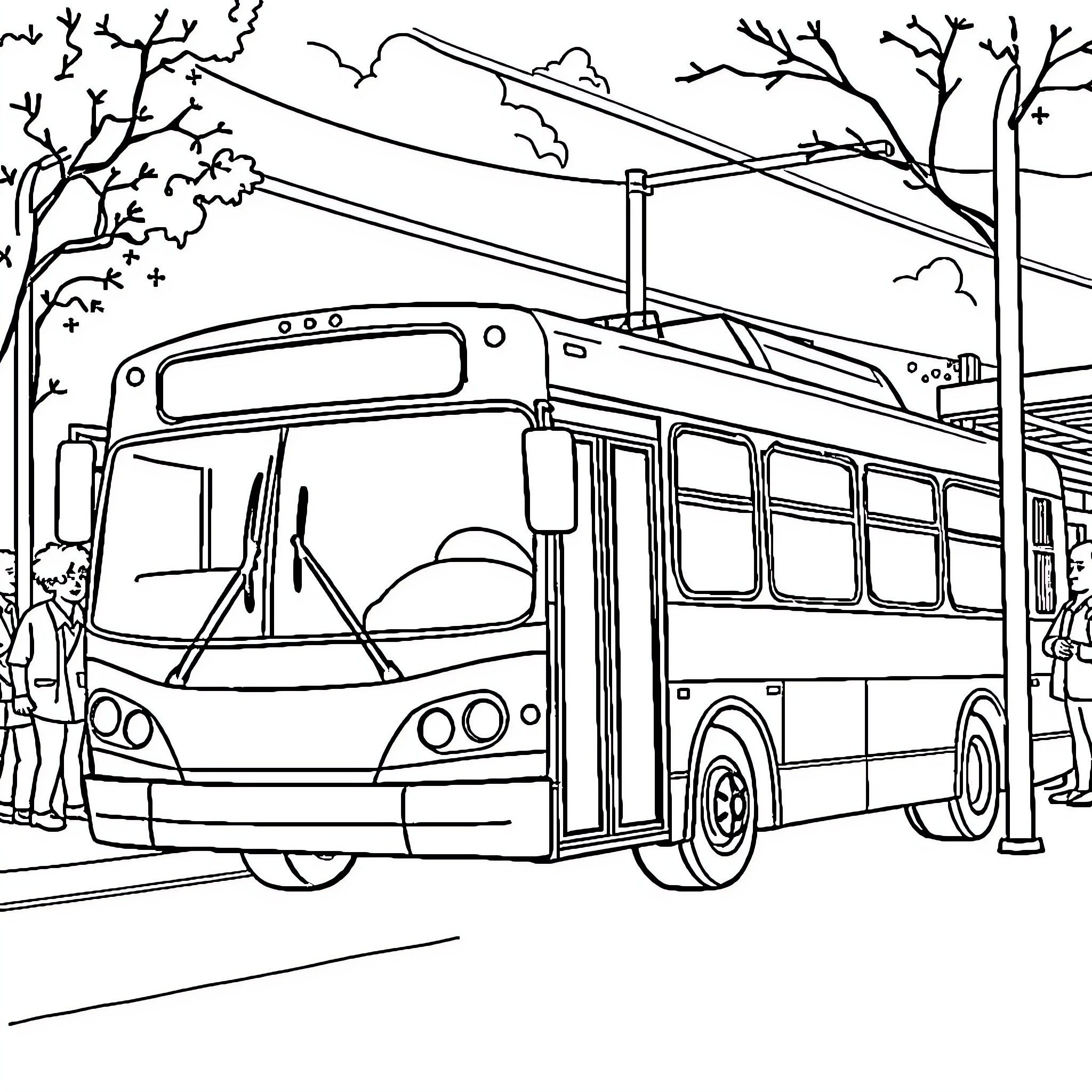 Bus passengers waiting at the stop Coloring Page (free black-and-white line drawing printable PDF for all, from beginners to advanced learners, including children, teens, adults, and seniors)