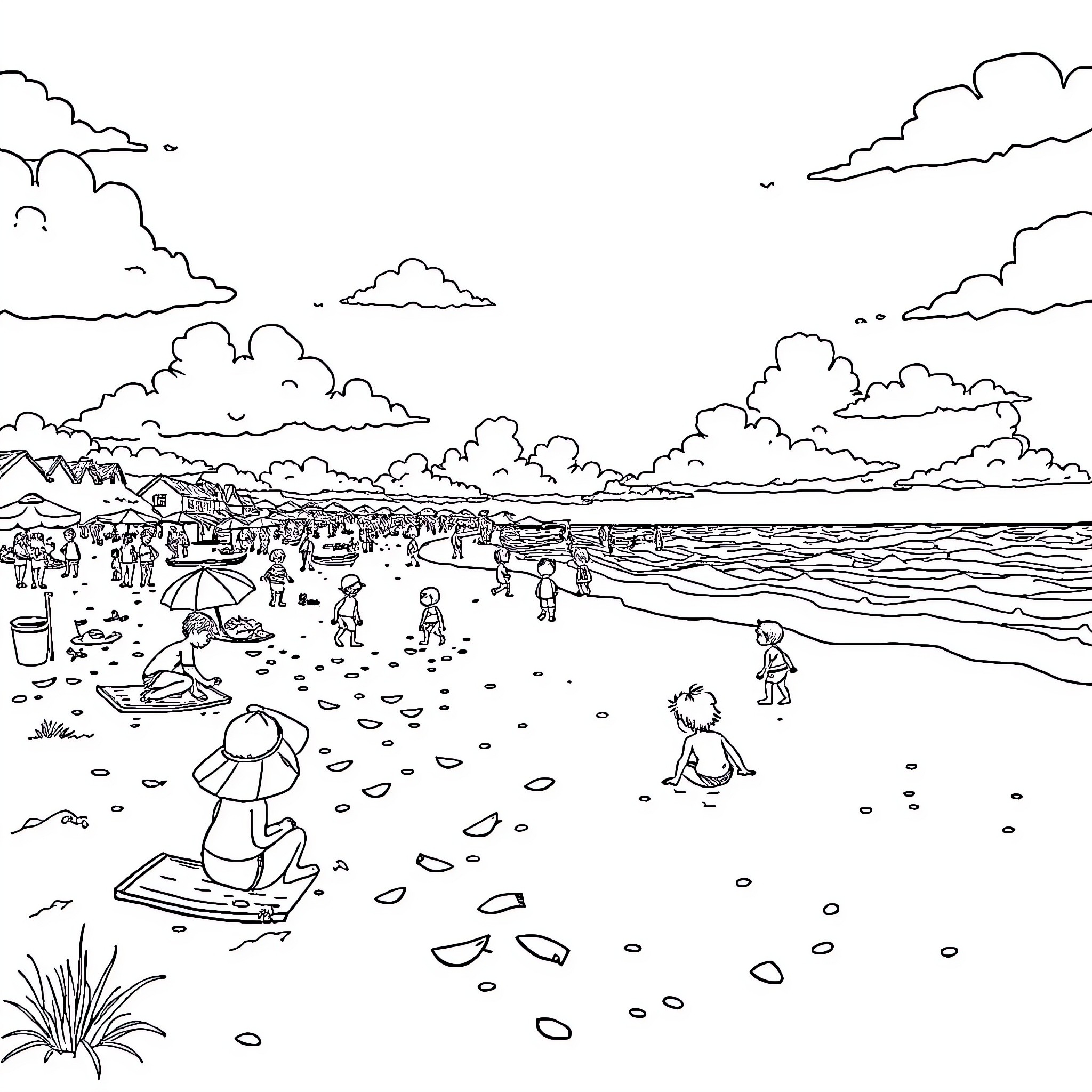 Kids enjoying a day at the beach Coloring Page (free black-and-white line drawing printable PDF for all, from beginners to advanced learners, including children, teens, adults, and seniors)