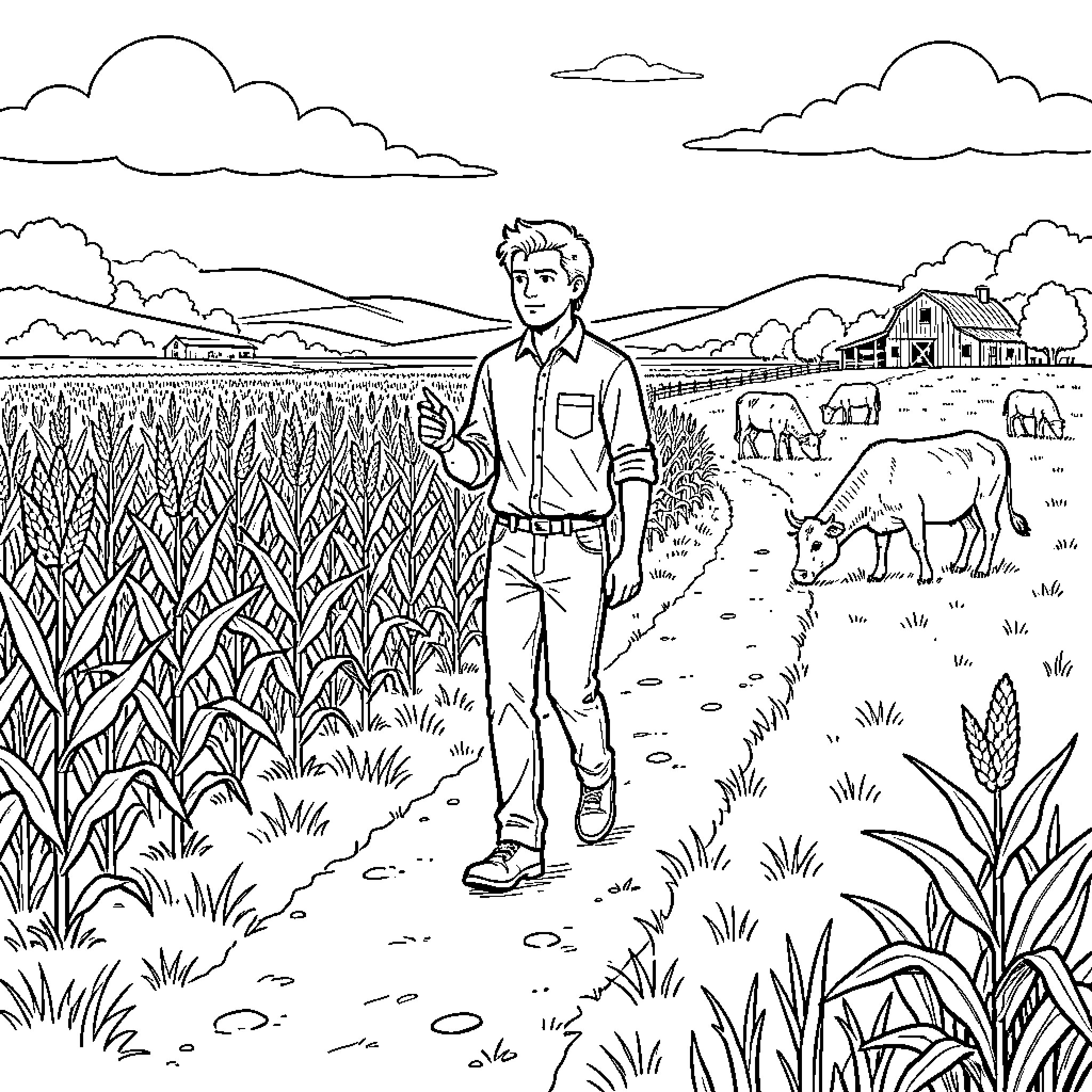Sheen walking along a path through a farm field Coloring Page (free black-and-white line drawing printable PDF for all, from beginners to advanced learners, including children, teens, adults, and seniors)