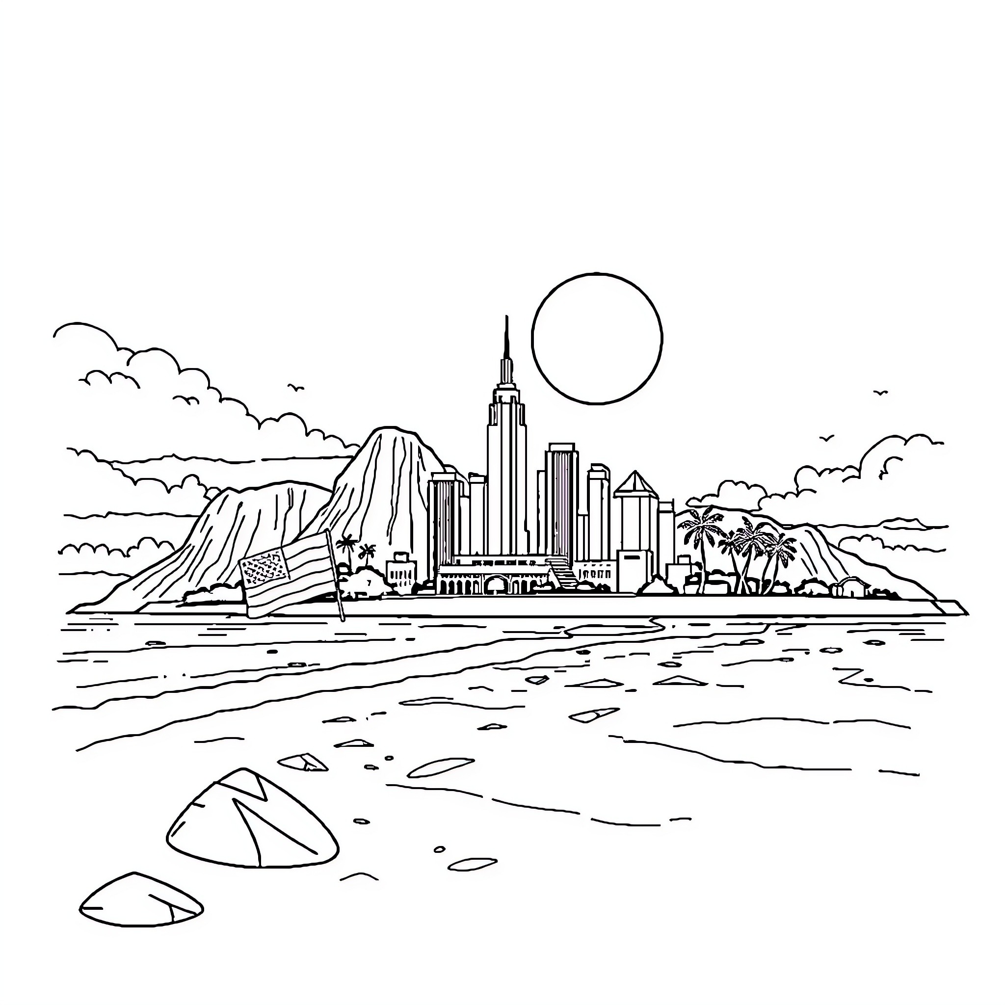 Captain America Explores the Vibrant Cityscape Coloring Page (free black-and-white line drawing printable PDF for all, from beginners to advanced learners, including children, teens, adults, and seniors)